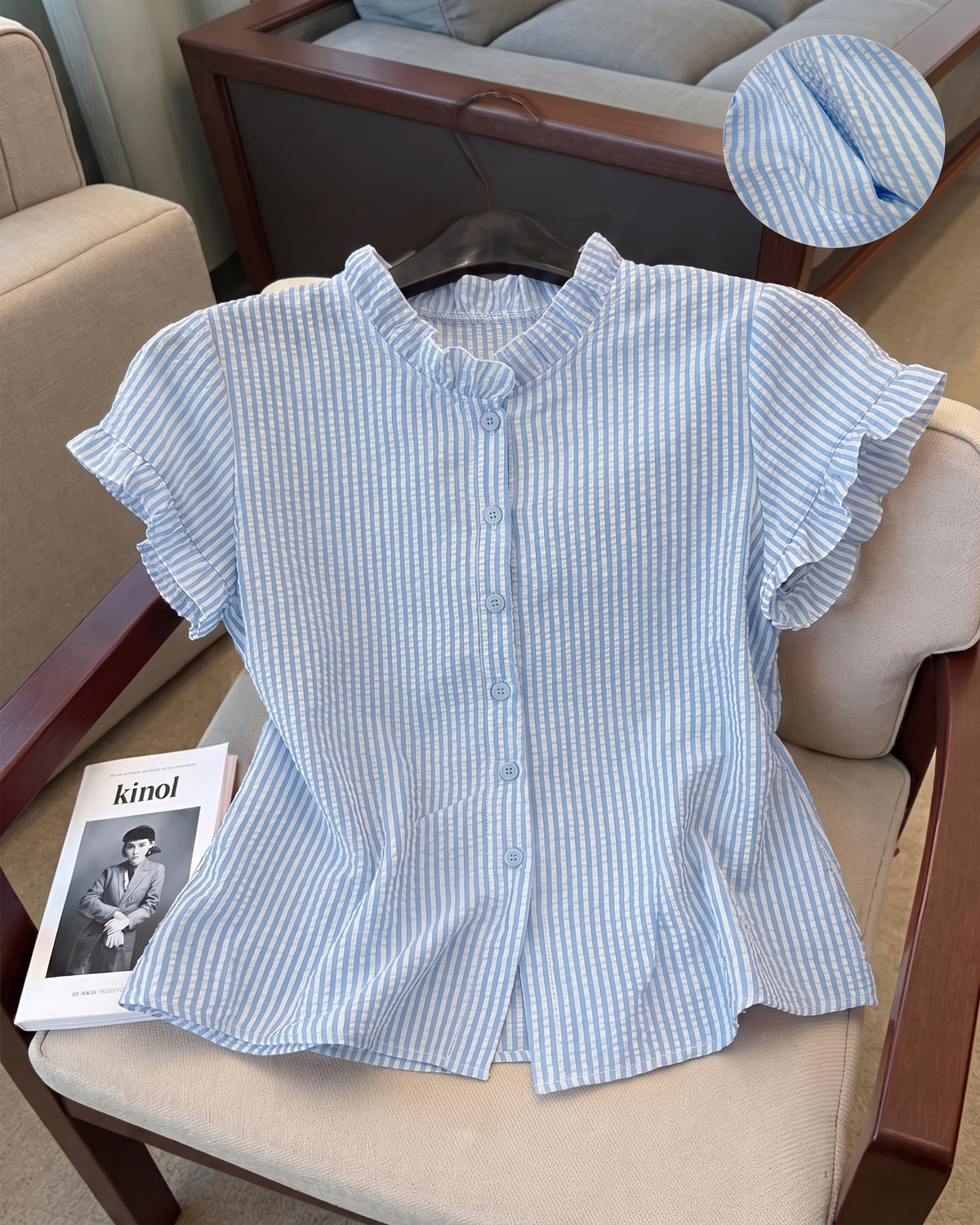 Striped Ruffle-Collar Flutter Sleeve Seersucker Blouse in Light Blue