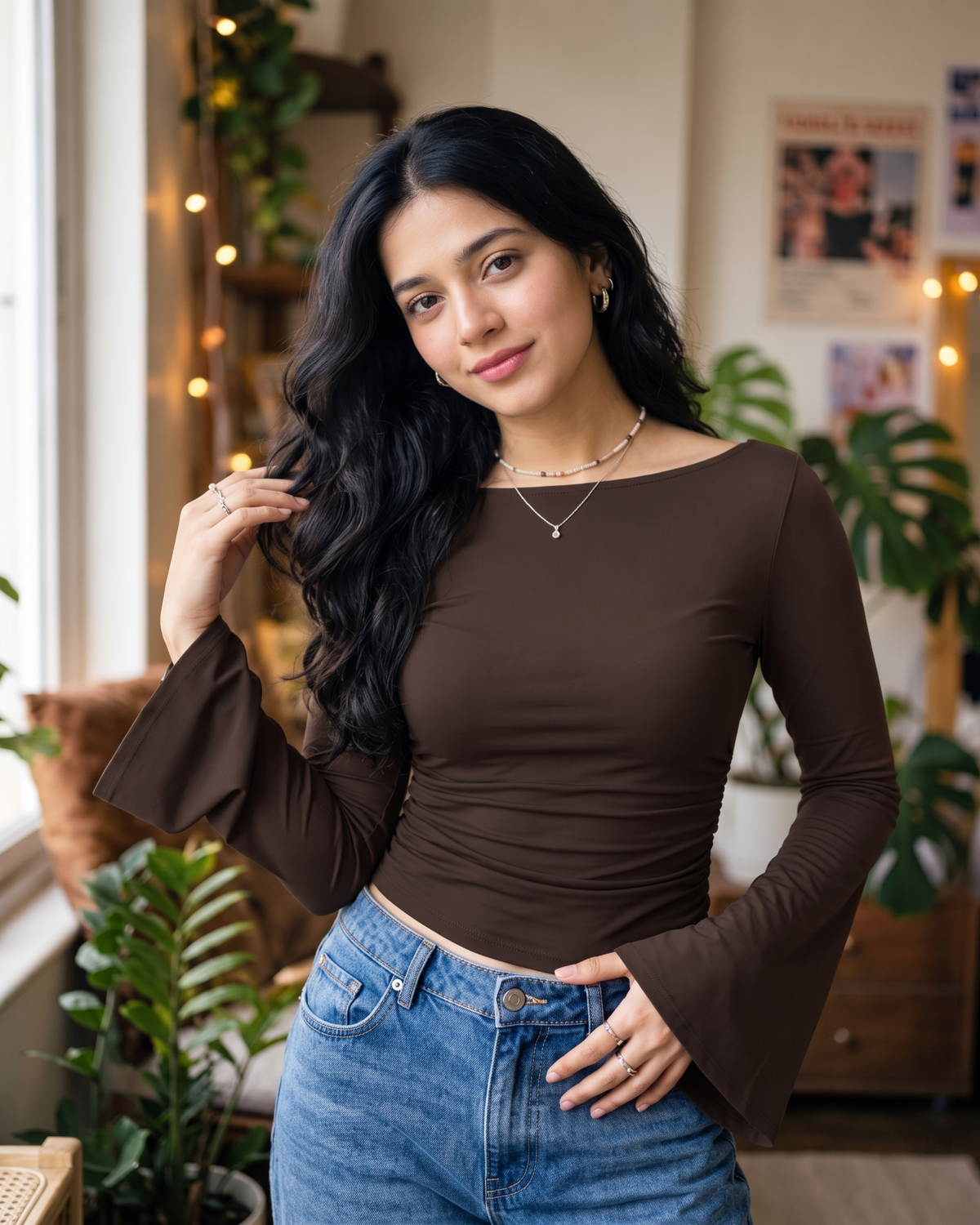 Chocolate Ruched Long Sleeve Top