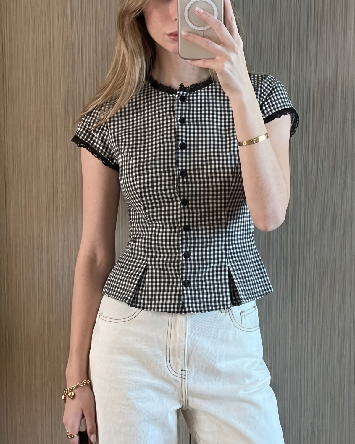 Lace-Trimmed Gingham Tie-Back Peplum Blouse in Black & White