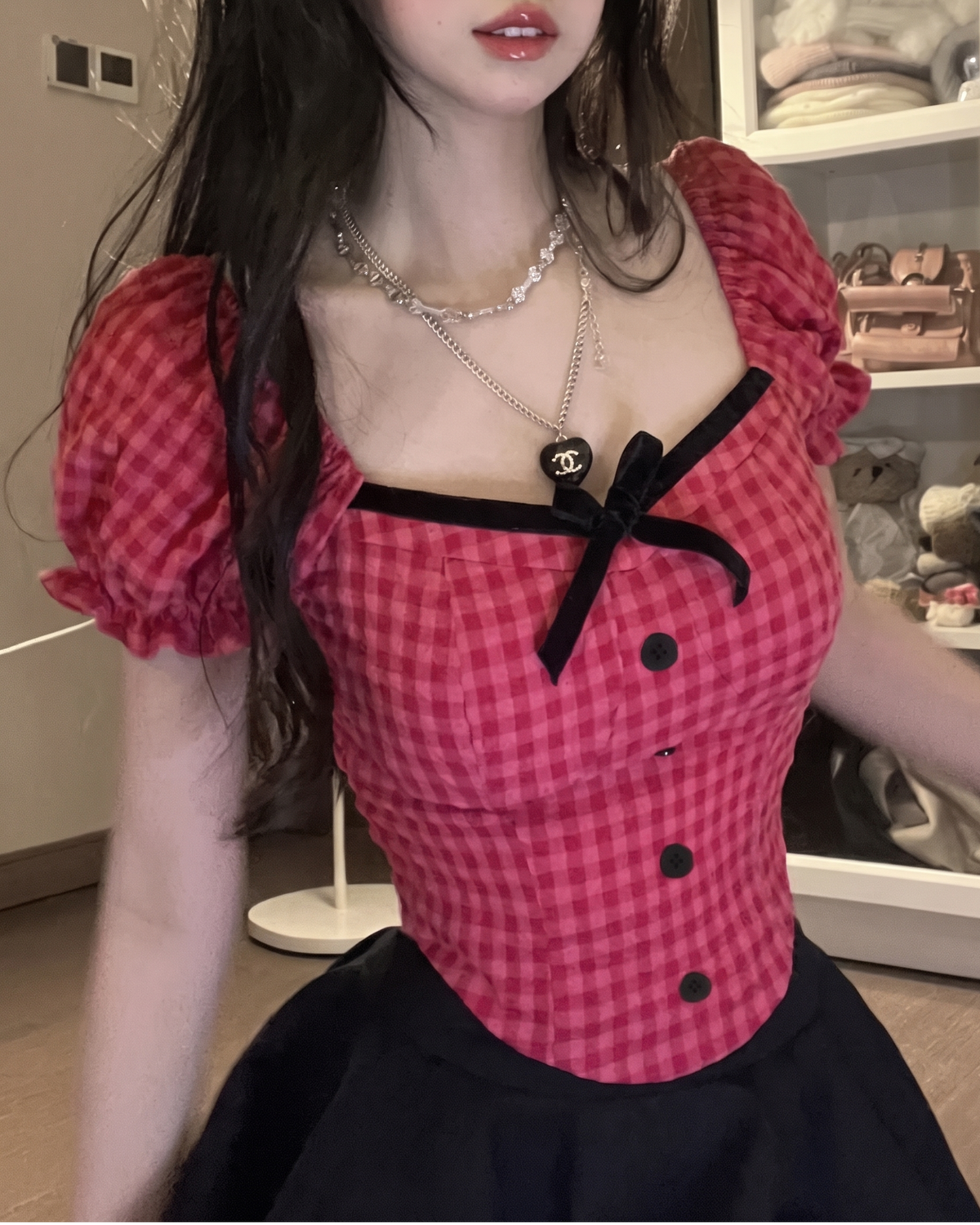 Velvet-Trimmed Gingham Tie-Back Corset Top in Raspberry Pink