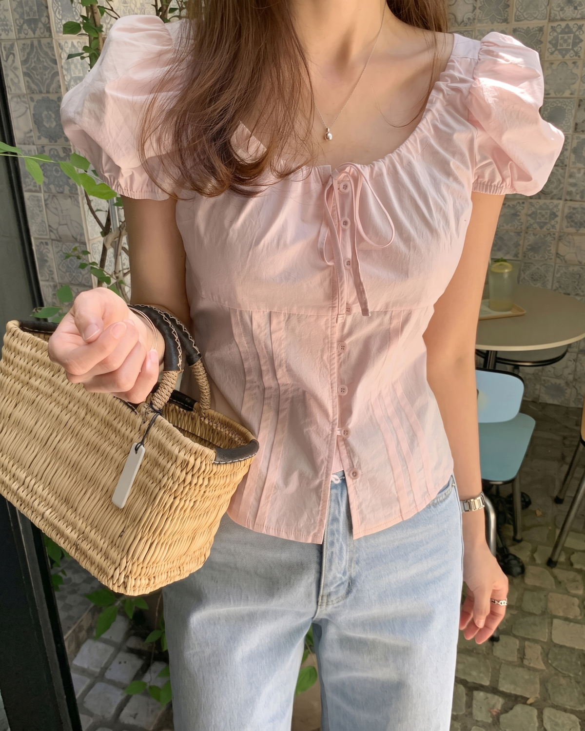 Pintuck Tie-Back Milkmaid Blouse in Blush Pink