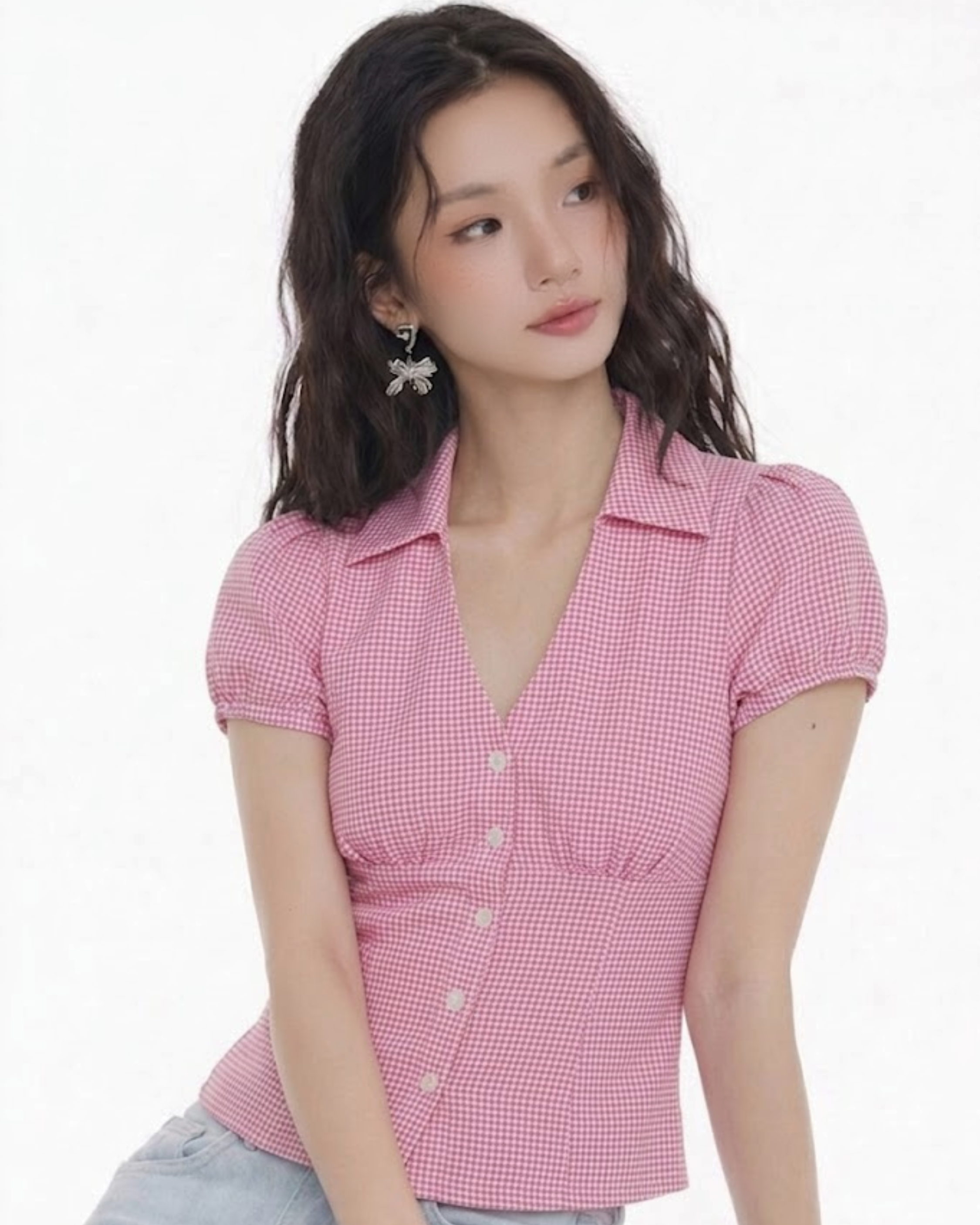 EZLIA Pink Dotted Puff Sleeve Shirt Top