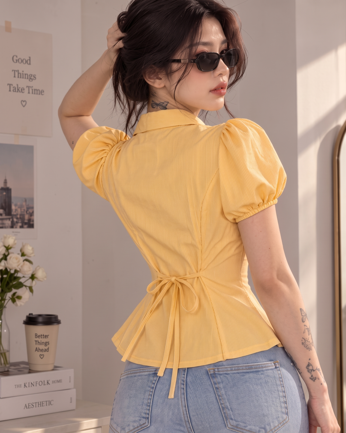 Women's Butter Yellow Striped Ruffle Front Peplum Top