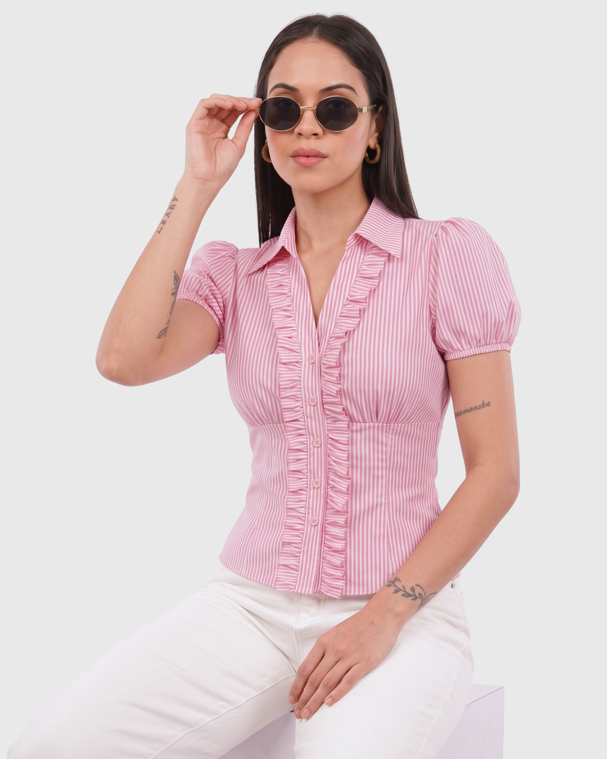 Women's Pink Striped Ruffle Front Peplum Top