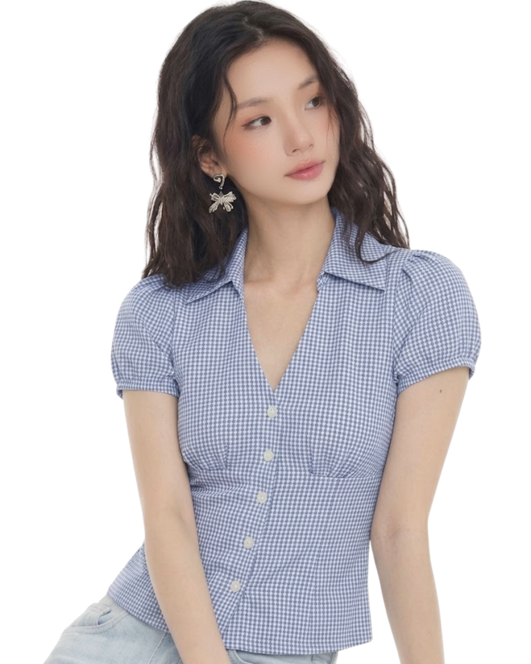 EZLIA Dark Blue  Dotted Puff Sleeve Shirt Top