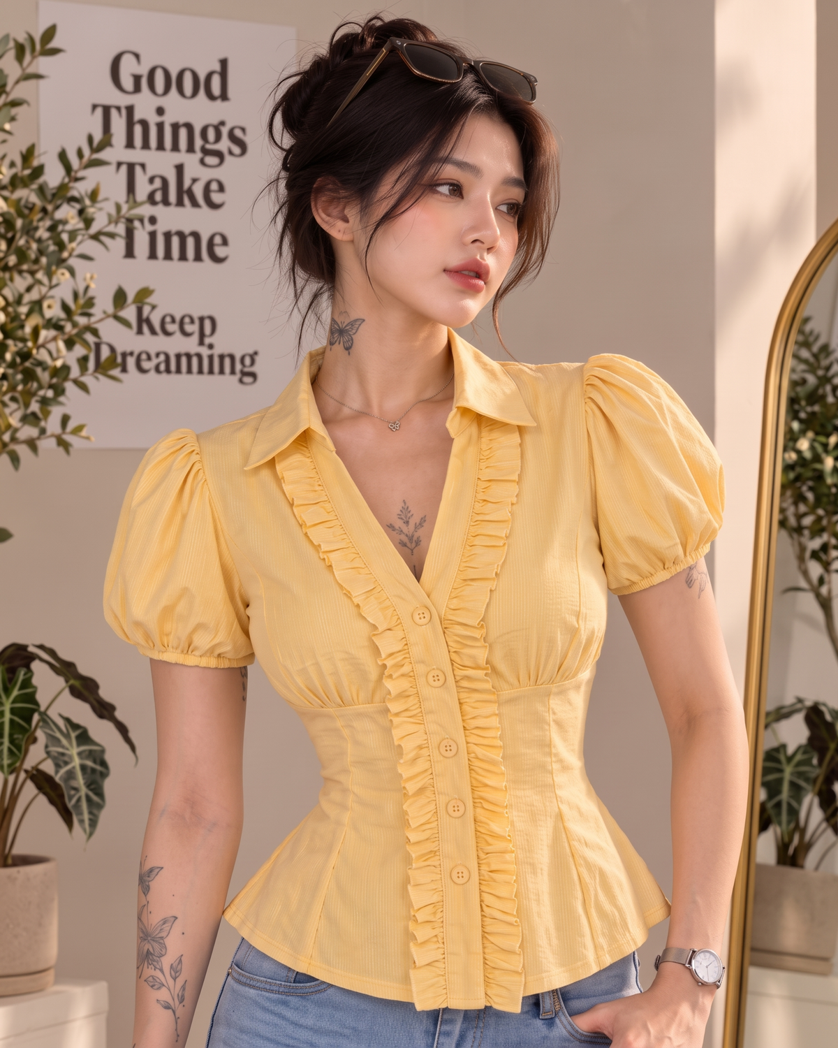Women's Butter Yellow Striped Ruffle Front Peplum Top