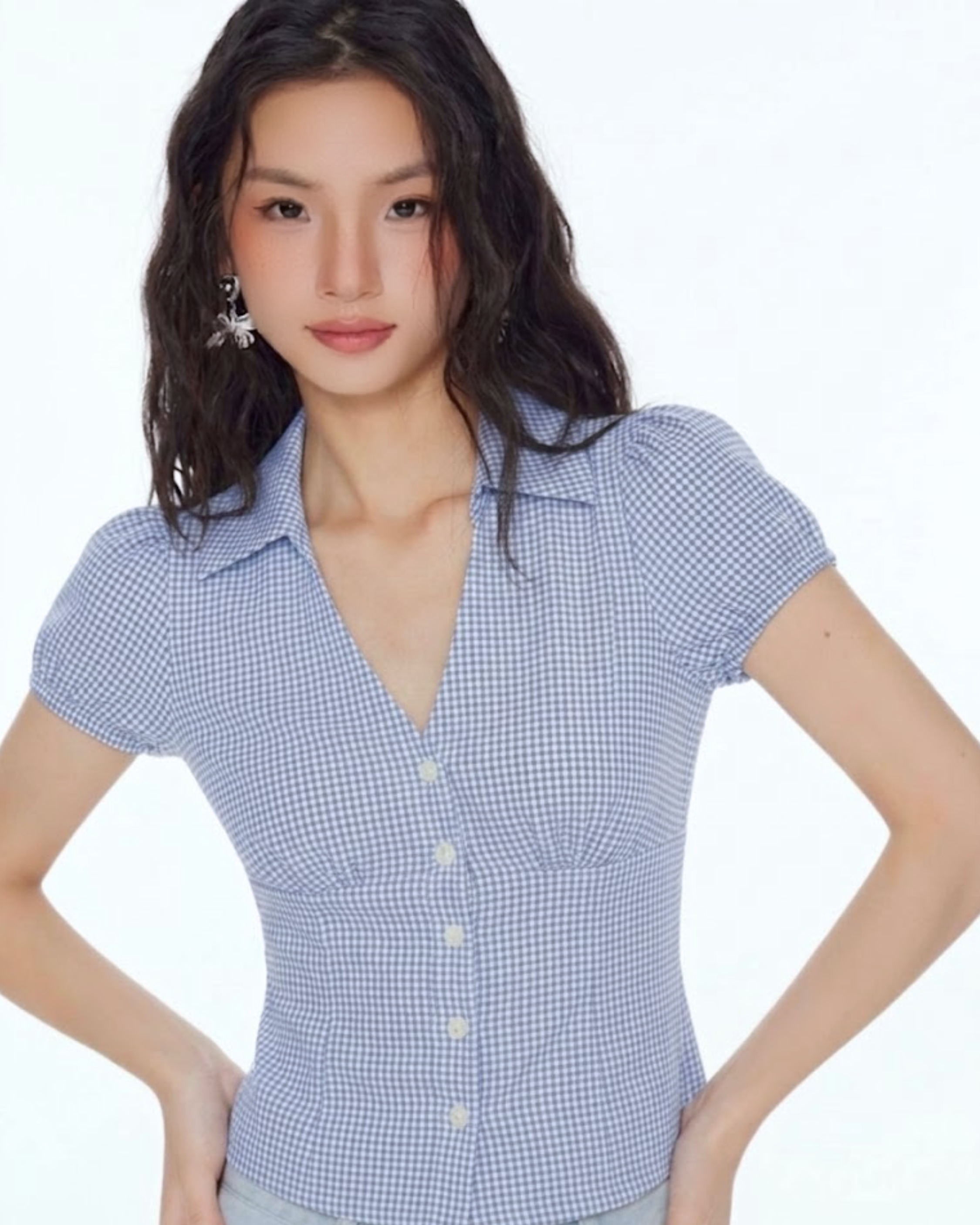 EZLIA Dark Blue  Dotted Puff Sleeve Shirt Top