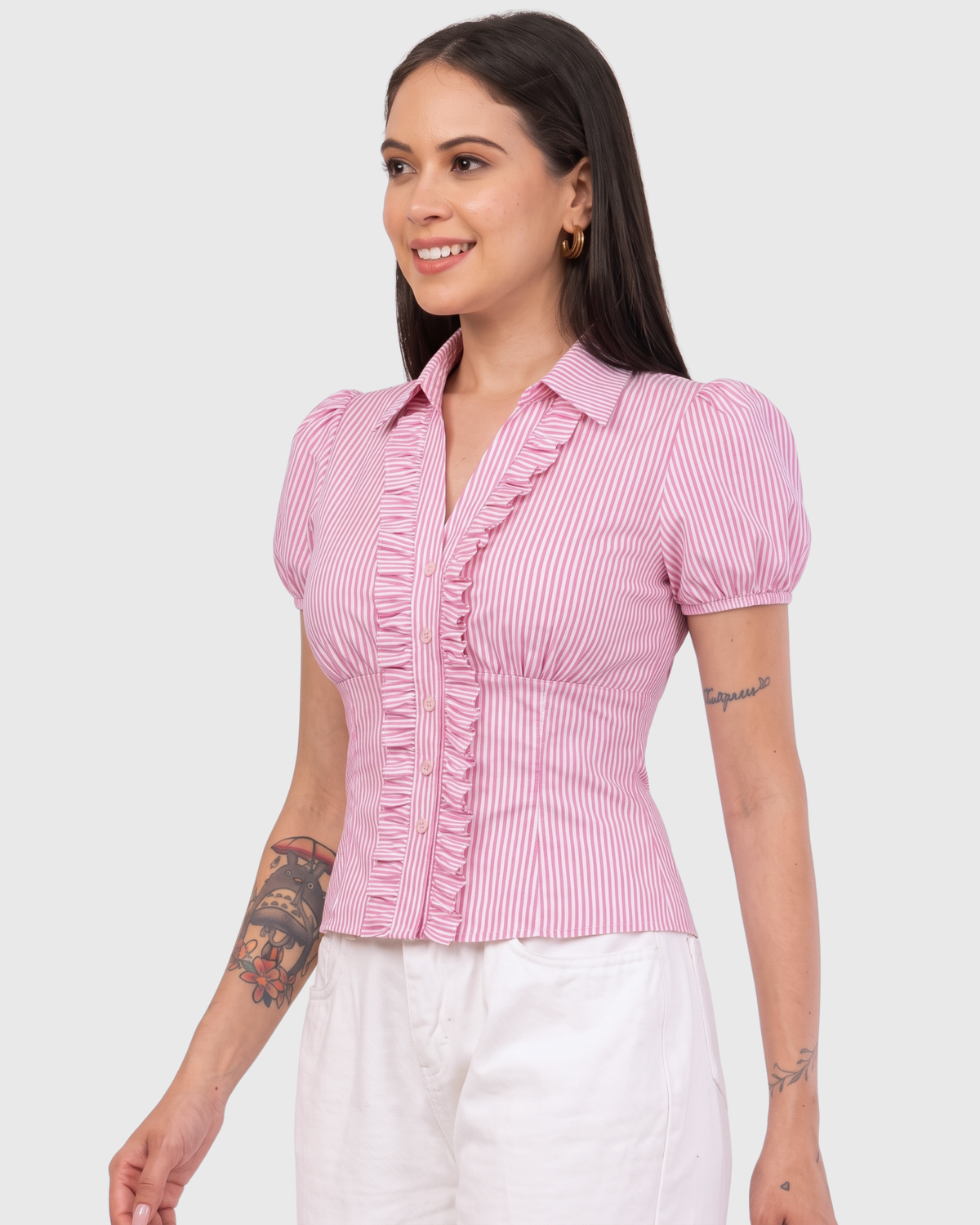Women's Pink Striped Ruffle Front Peplum Top
