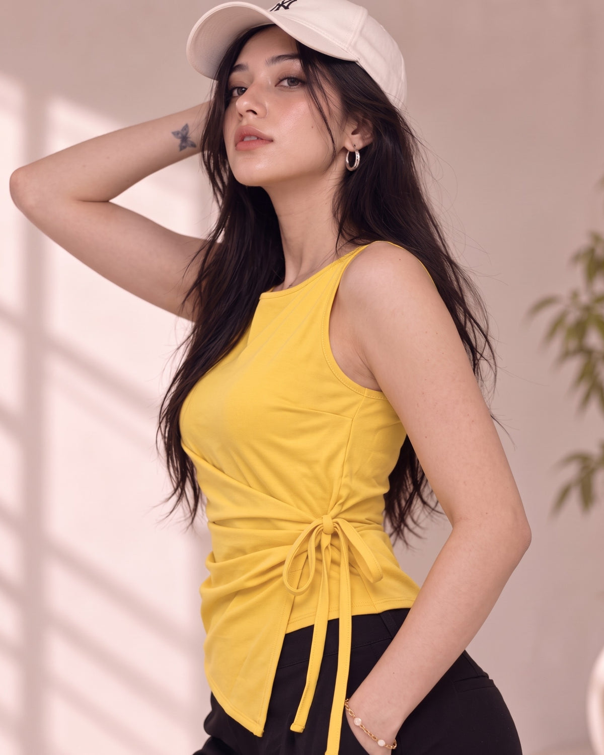 Women's Yellow Wrap Top | Sleeveless Side-Tie Top
