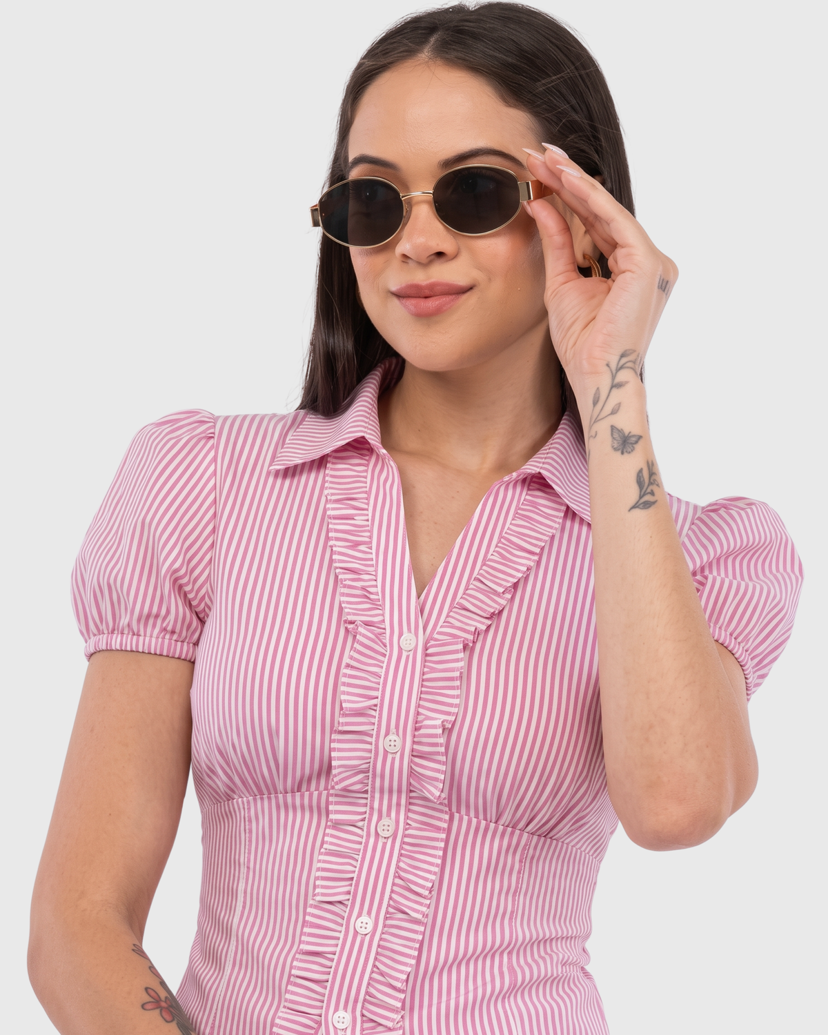 Women's Pink Striped Ruffle Front Peplum Top