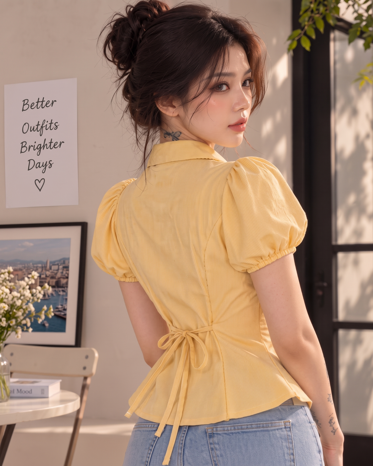Women's Butter Yellow Striped Ruffle Front Peplum Top