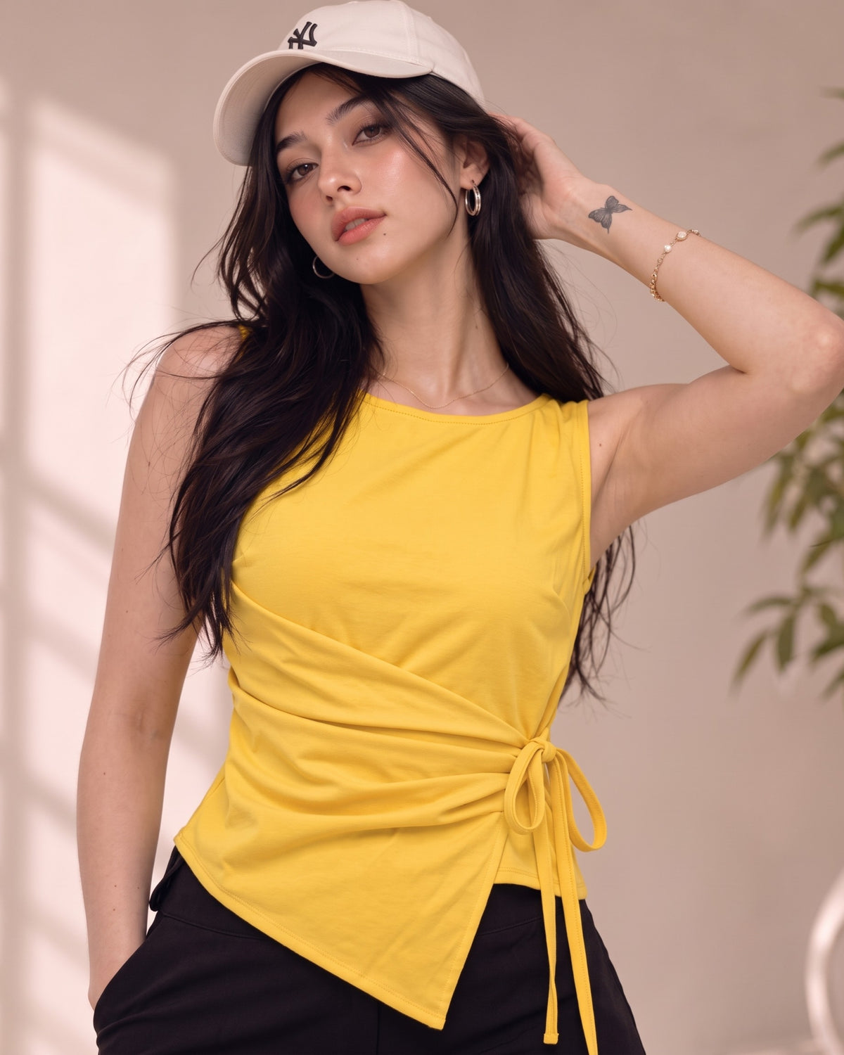 Women's Yellow Wrap Top | Sleeveless Side-Tie Top