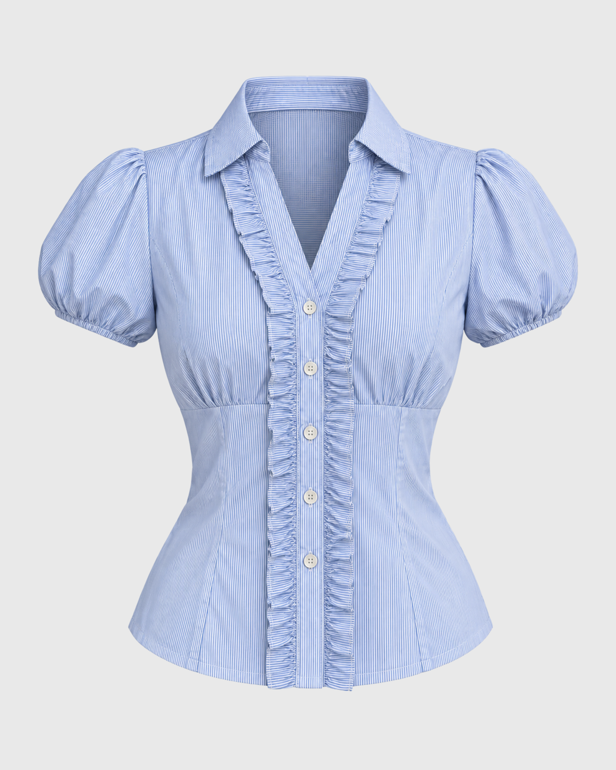Women's Light Blue Striped Ruffle Front Peplum Top