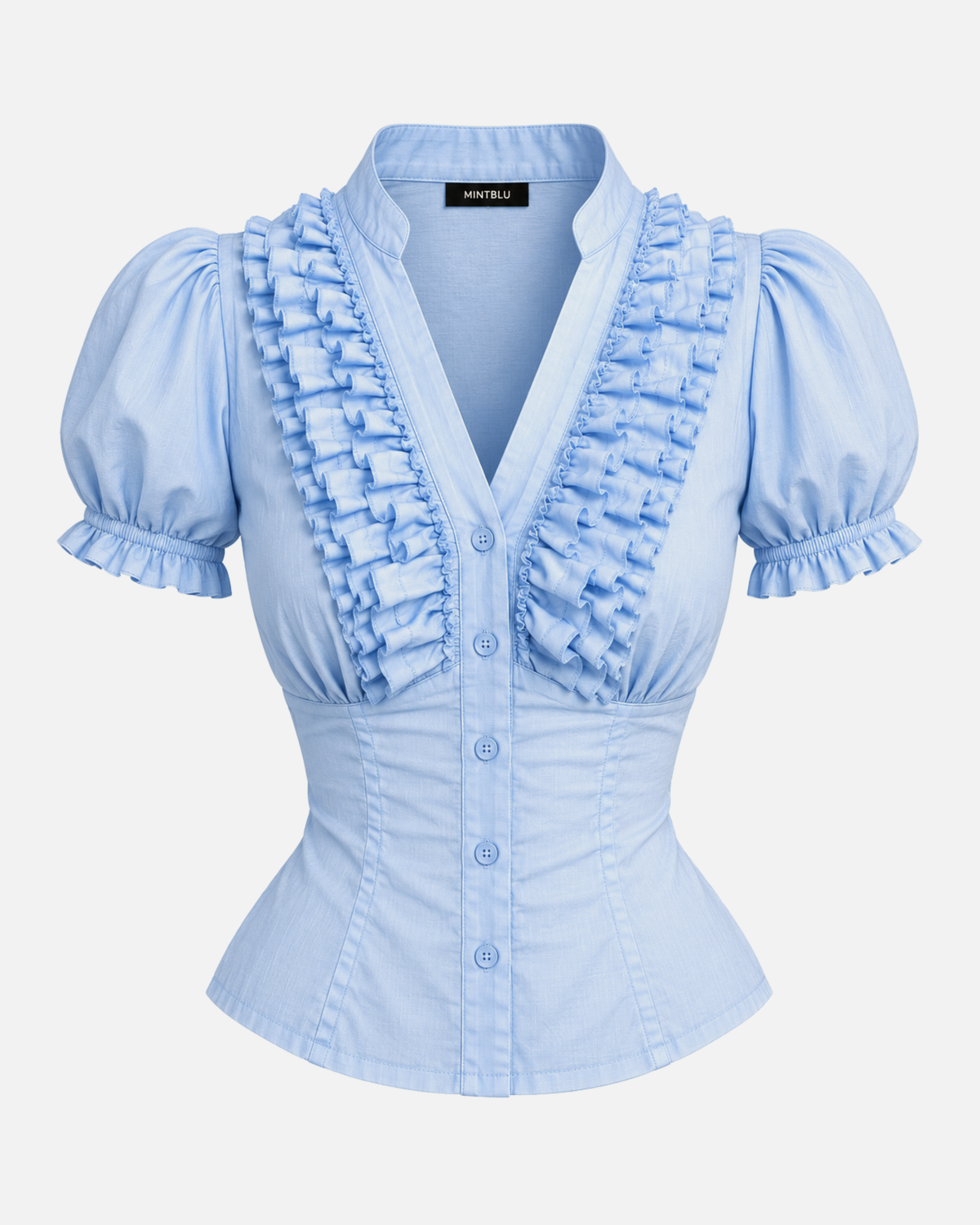 Light Blue Ruffle Front Button Top with Tie-Back Waist
