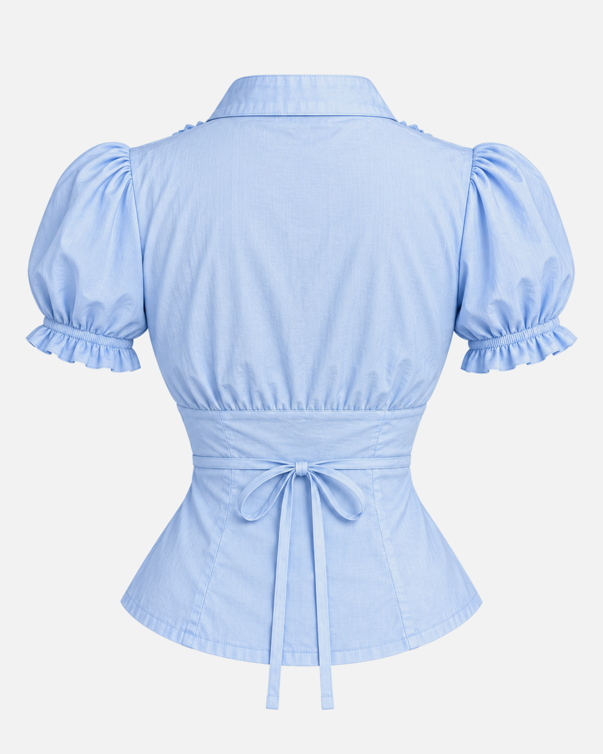 Light Blue Ruffle Front Button Top with Tie-Back Waist
