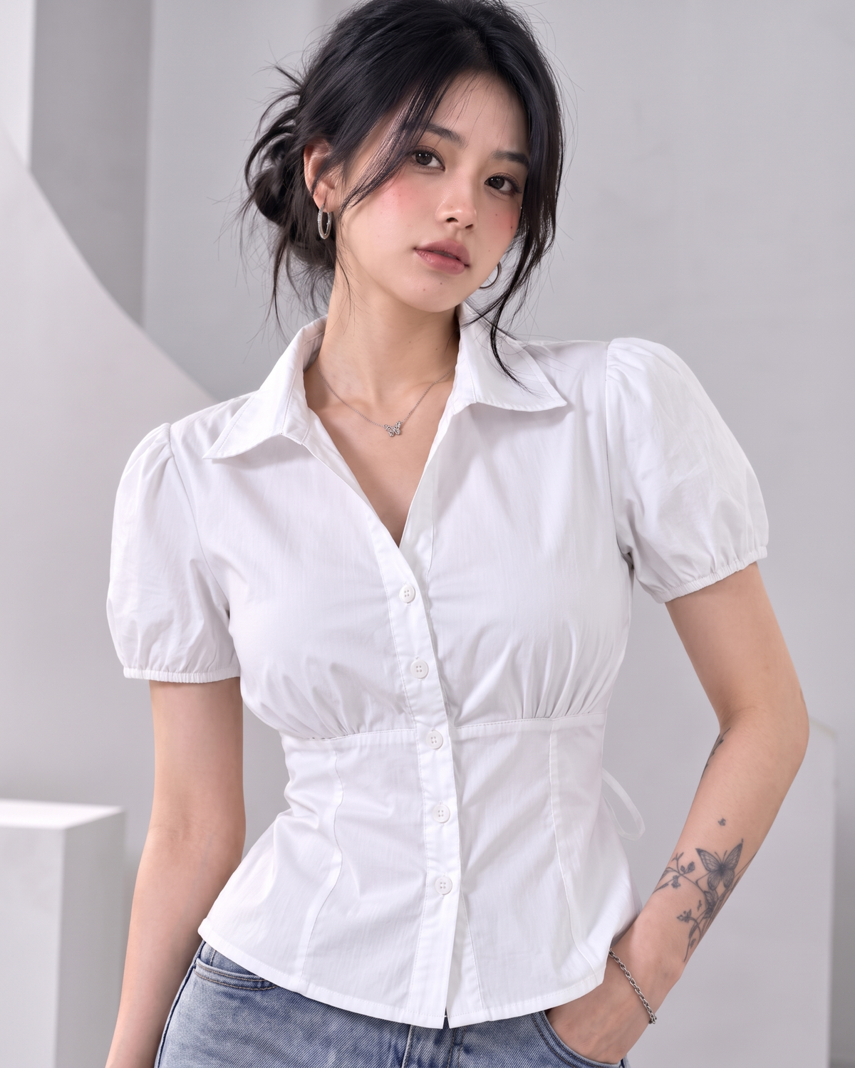 Tie-Back Corset Puff-Sleeve Poplin Blouse in Crisp White
