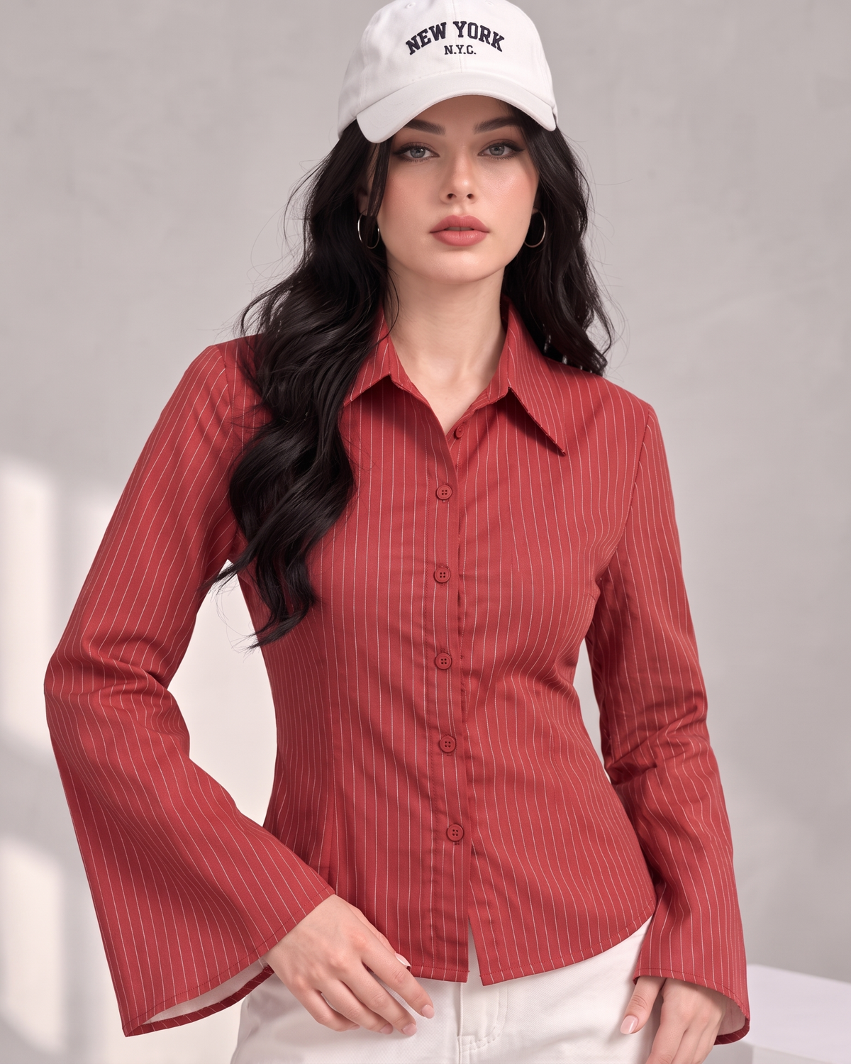 Pinstripe Bell-Sleeve Fitted Shirt in Rust Red