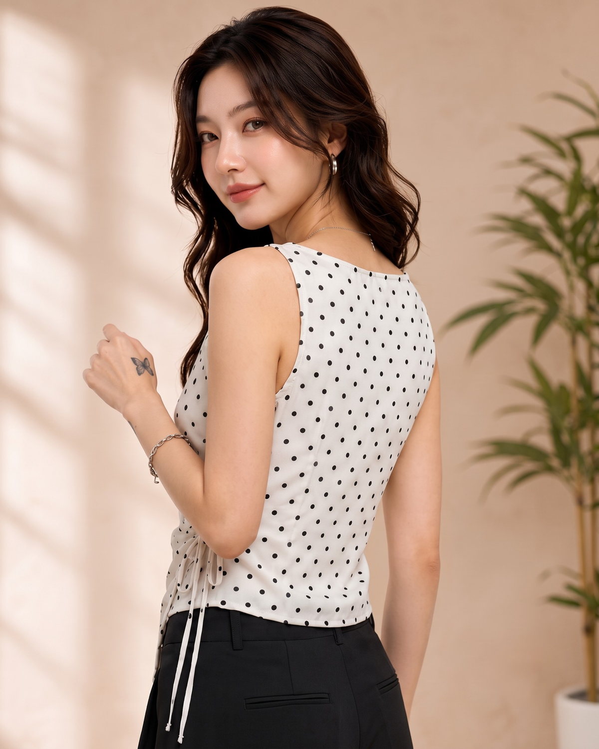 Women's Black Polka Dot Wrap Top with Side Tie