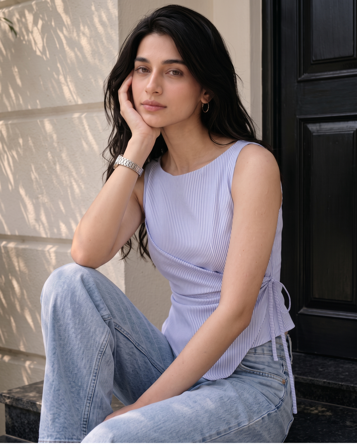 Women's Light Blue Striped Sleeveless Wrap Top