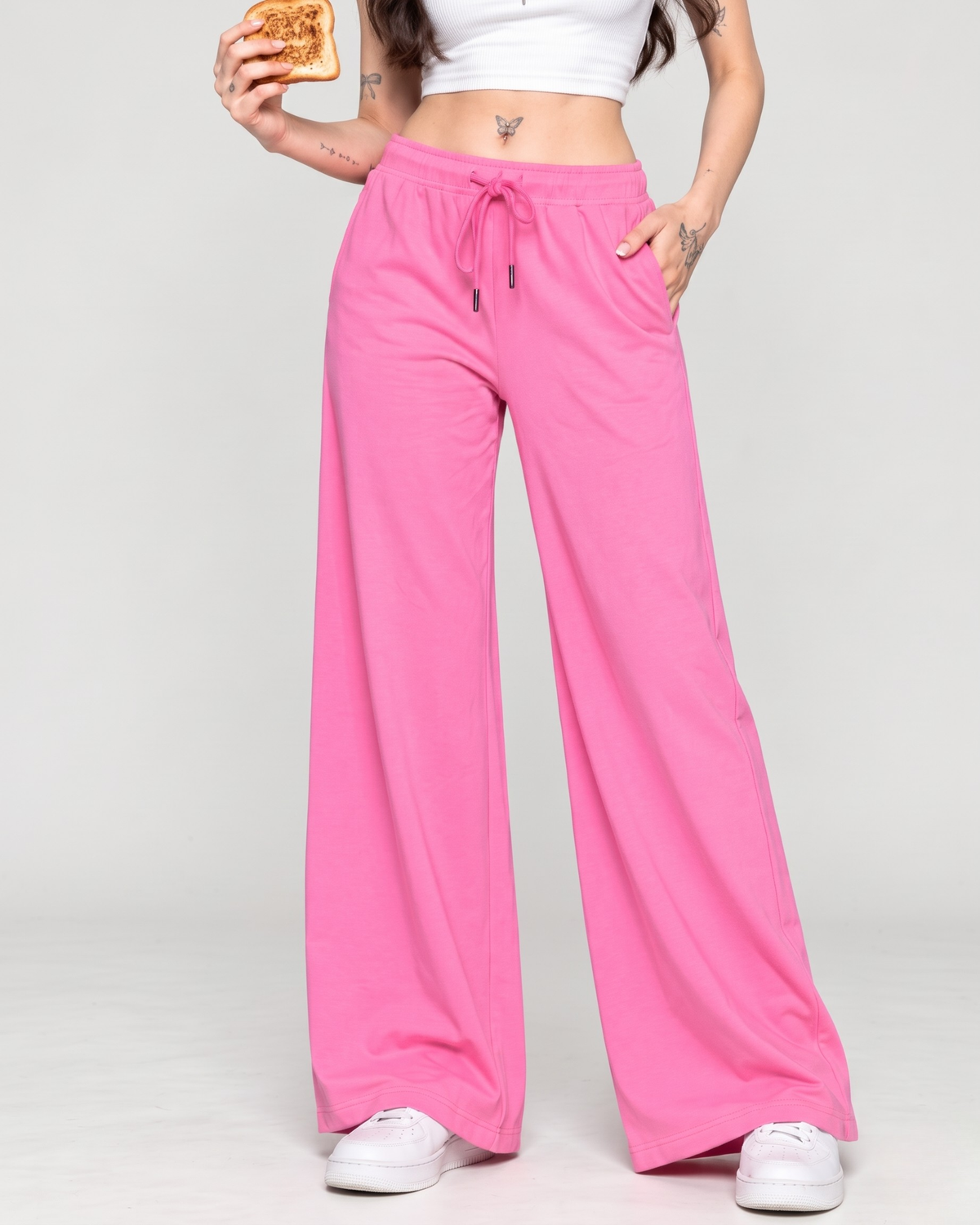 High-Waisted Wide-Leg Drawstring Trousers in Bubblegum Pink