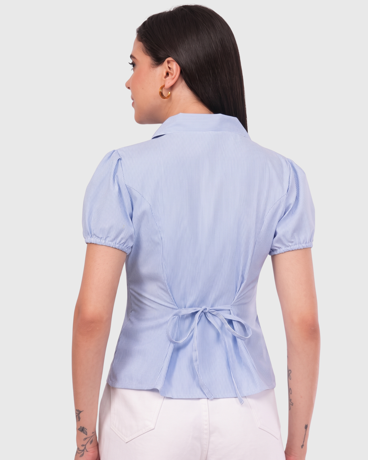 Women's Light Blue Striped Ruffle Front Peplum Top