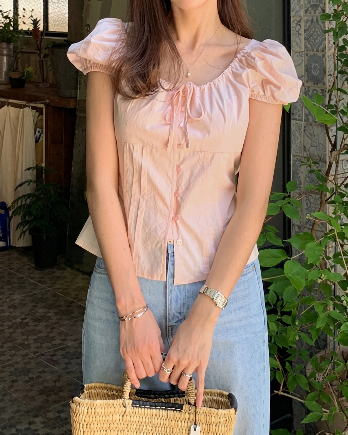 Pintuck Tie-Back Milkmaid Blouse in Blush Pink
