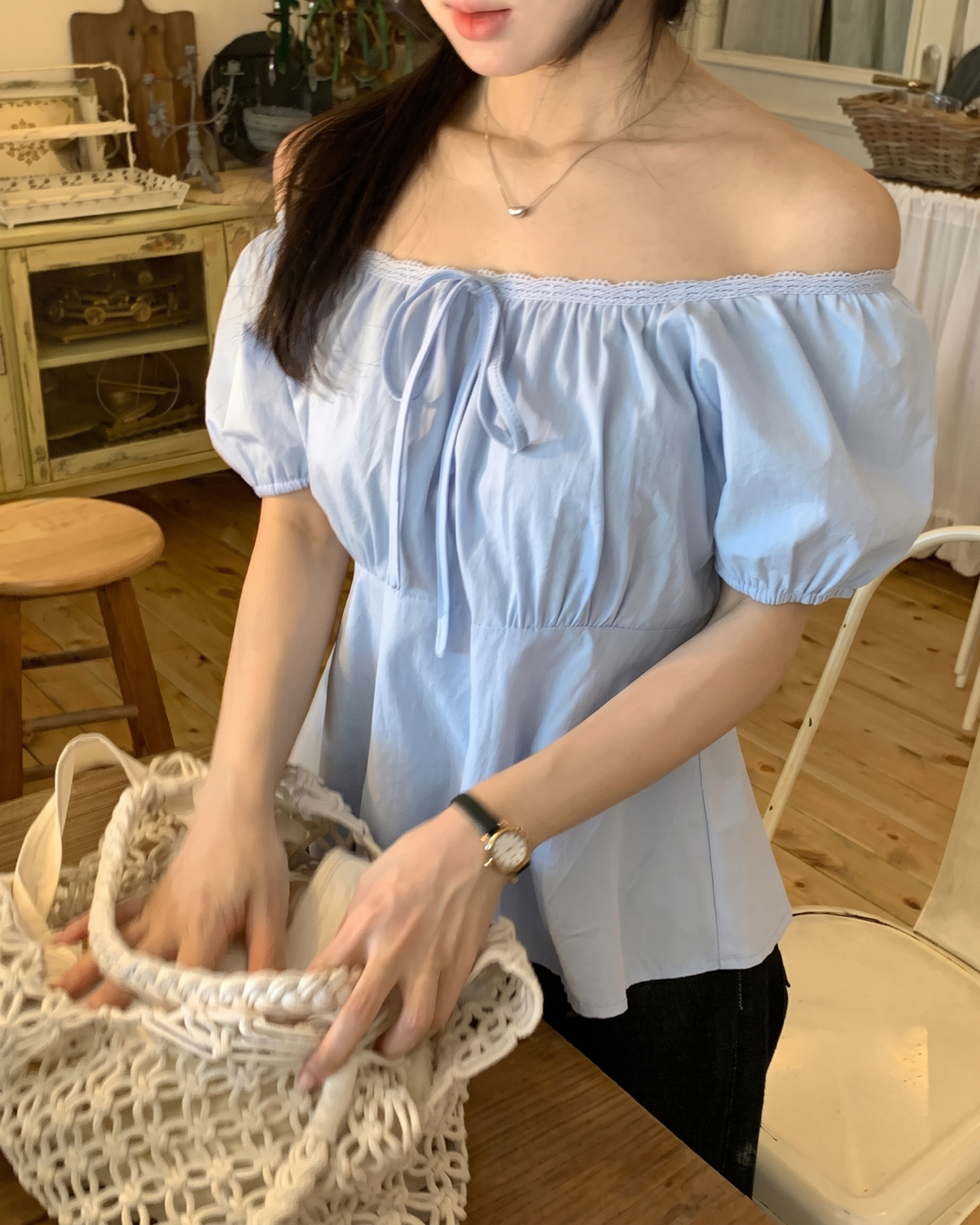 Lace-Trimmed Convertible Milkmaid Peplum Blouse in Sky Blue