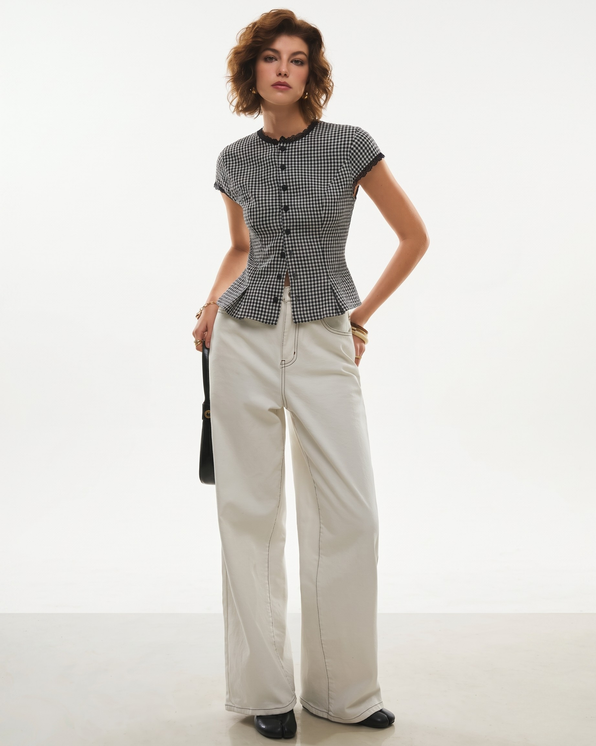 Lace-Trimmed Gingham Tie-Back Peplum Blouse in Black & White