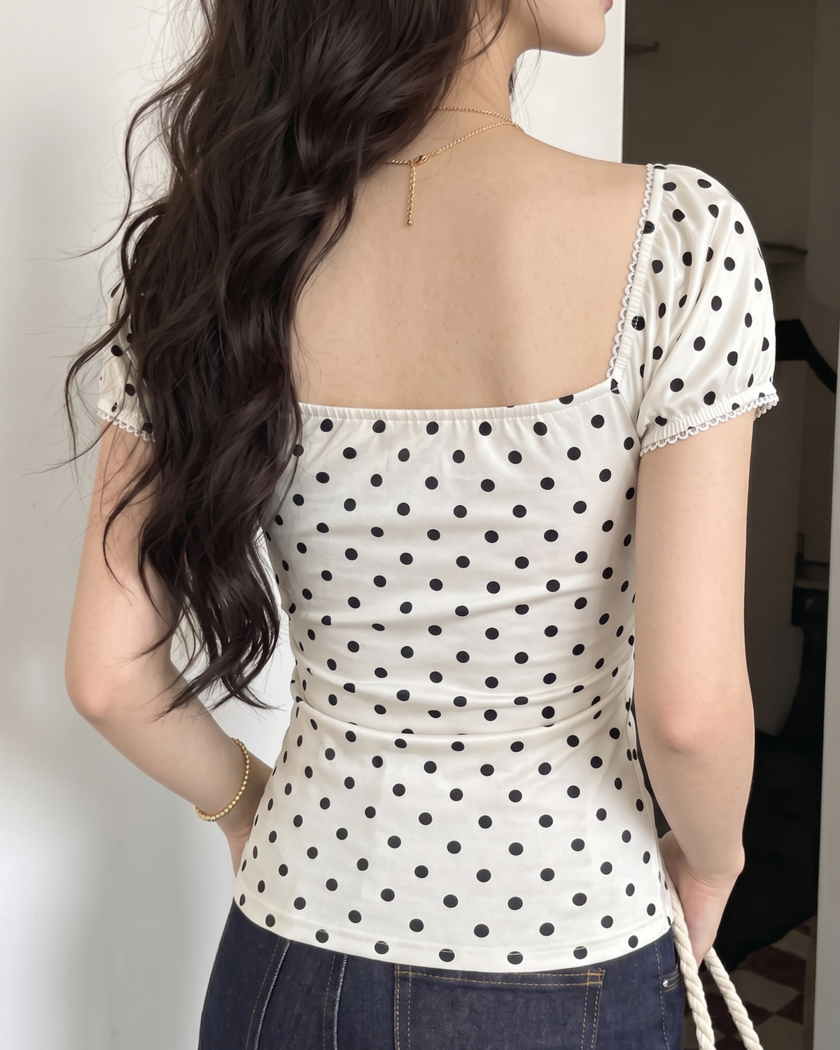 Polka Dot Lace-Trim Ruched Milkmaid Top in Cream