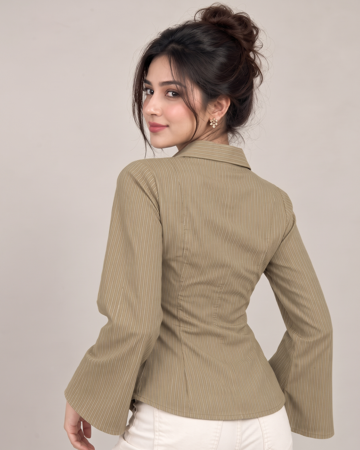 Pinstripe Bell-Sleeve Fitted Shirt in Olive Khaki