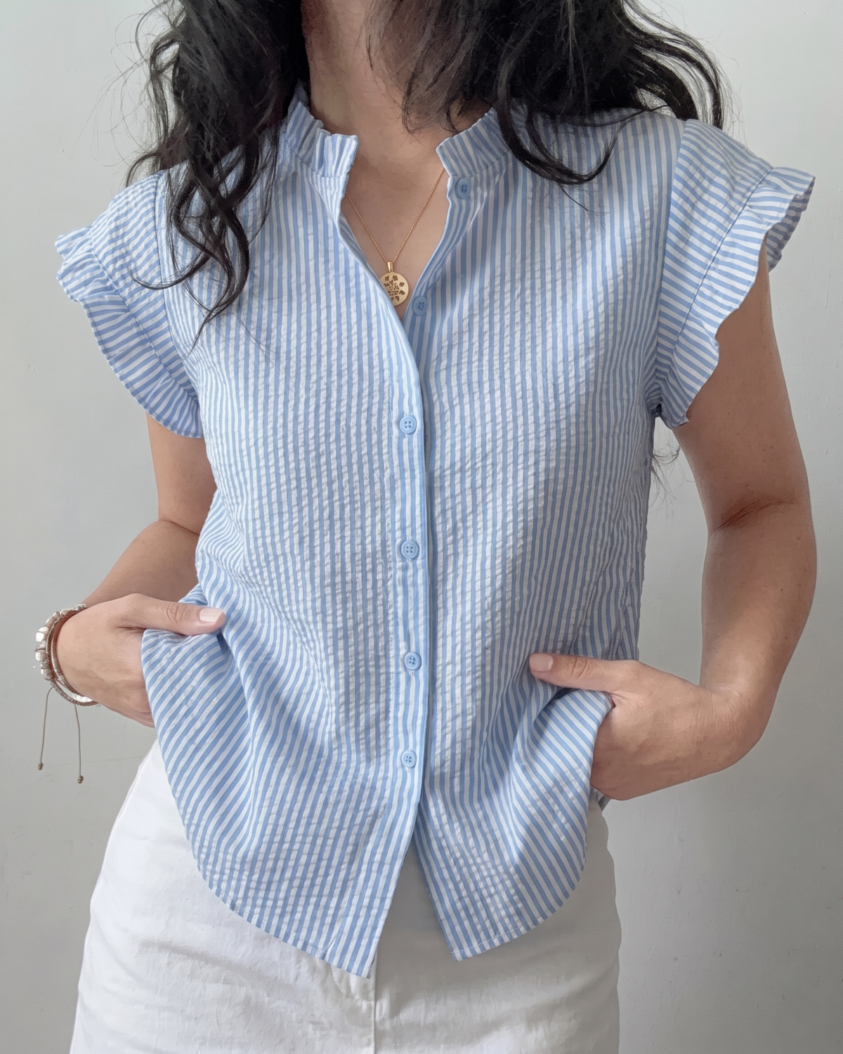 Striped Ruffle-Collar Flutter Sleeve Seersucker Blouse in Light Blue