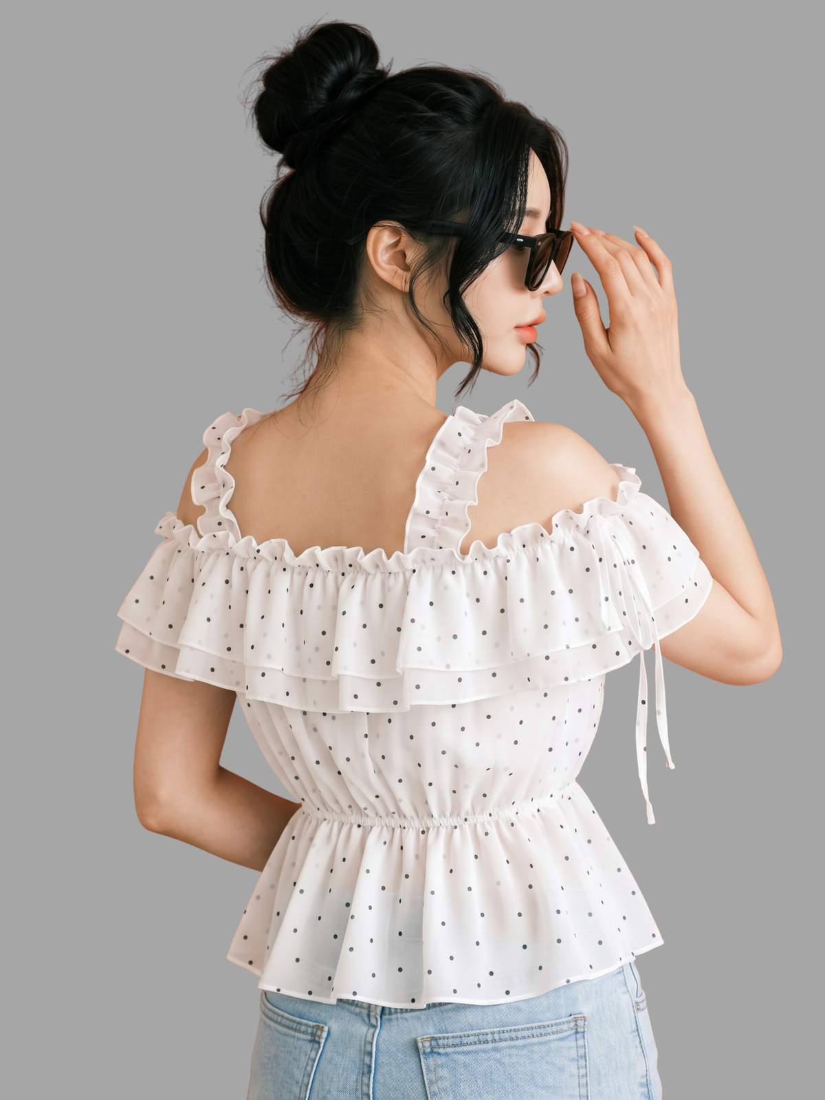 Polka Dot Ruffle Cold-Shoulder Peplum Top in White