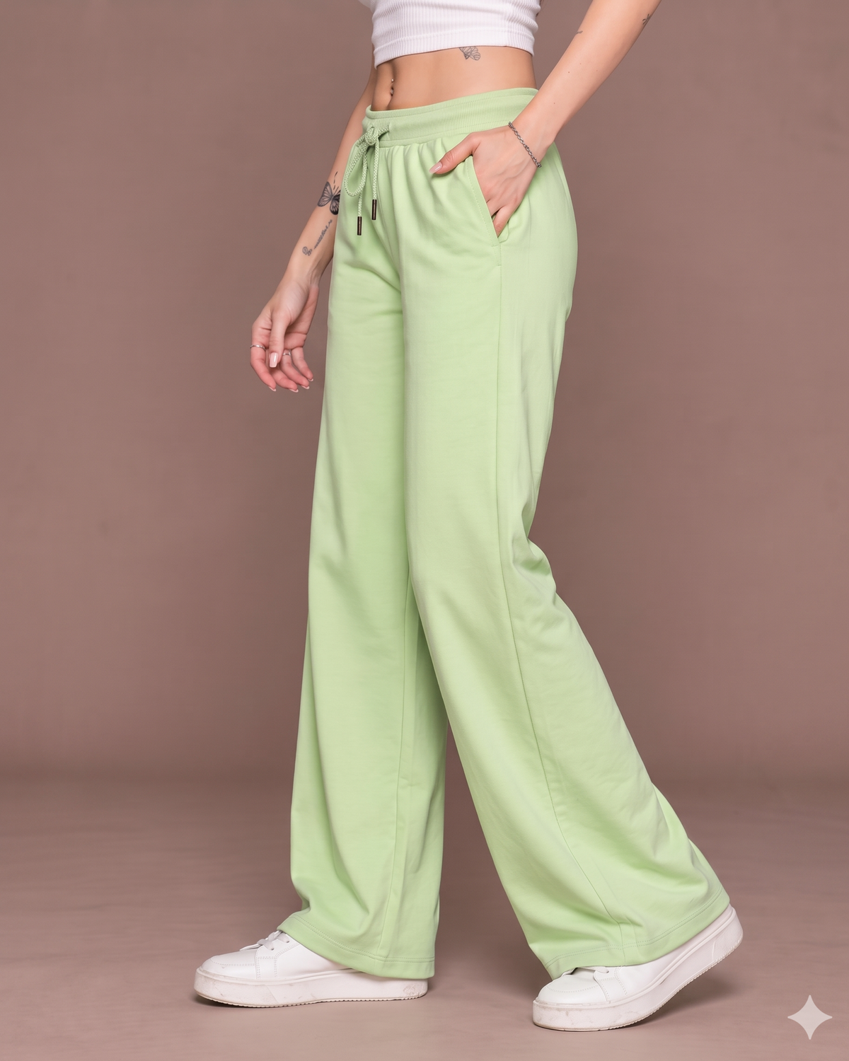 High-Waisted Wide-Leg Drawstring Trousers in Pistachio Green