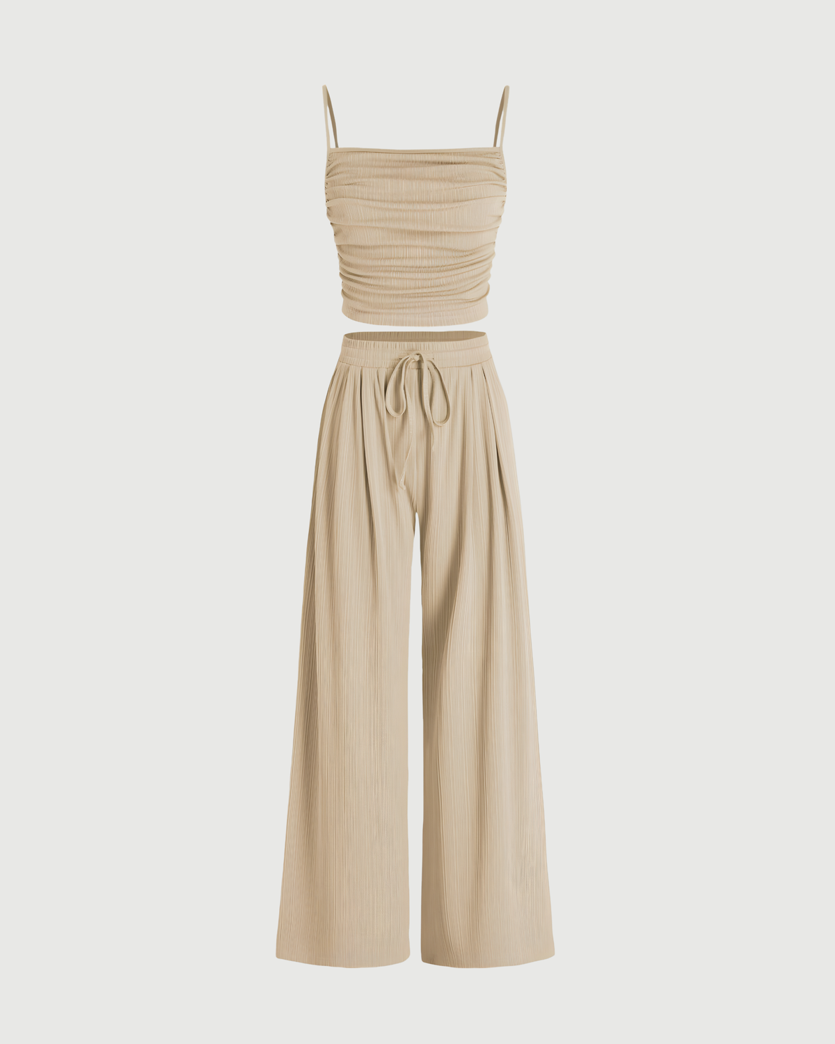 Effortless Ruched Square Neck Top & Easy-Waist Trouser Set-Beige