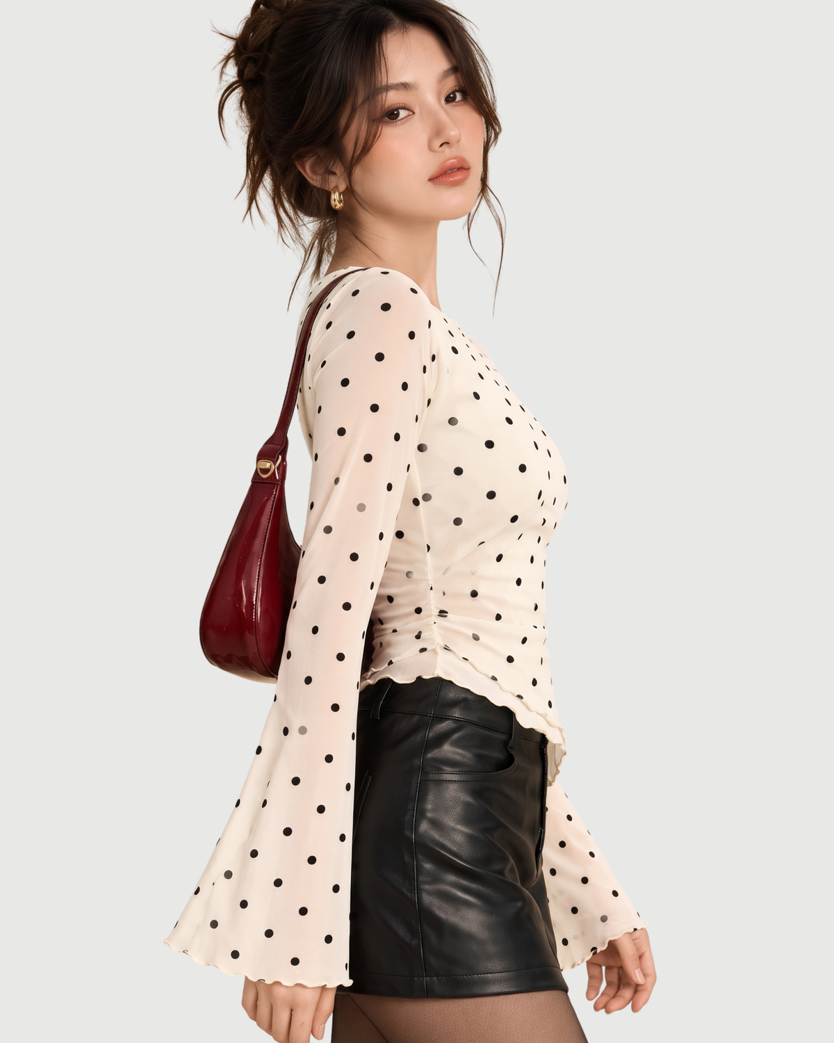 Polka Dot Flare Sleeve Lettuce Trim Mesh Top in Cream