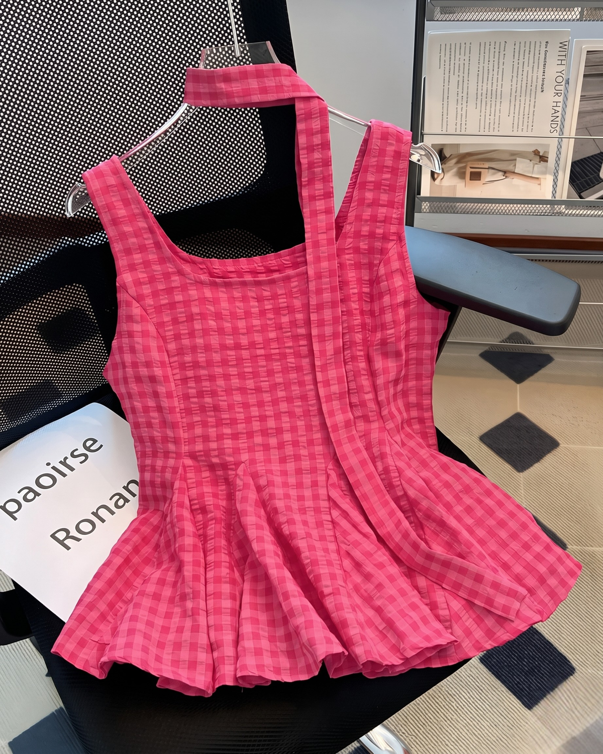 Gingham Scarf-Neck Pleated Peplum Top in Hot Pink