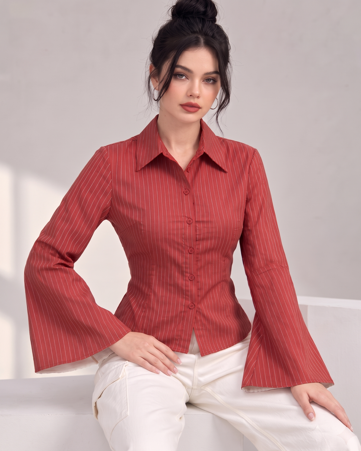 Pinstripe Bell-Sleeve Fitted Shirt in Rust Red