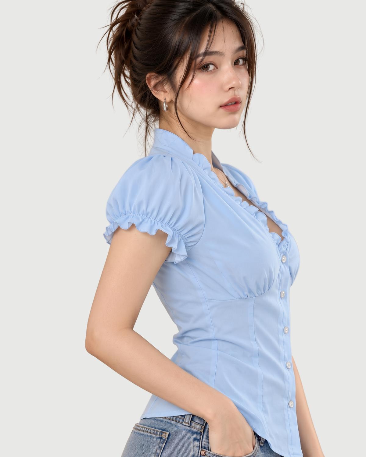 Ruffle-Trimmed Fitted Corset Blouse in Pastel Sky Blue