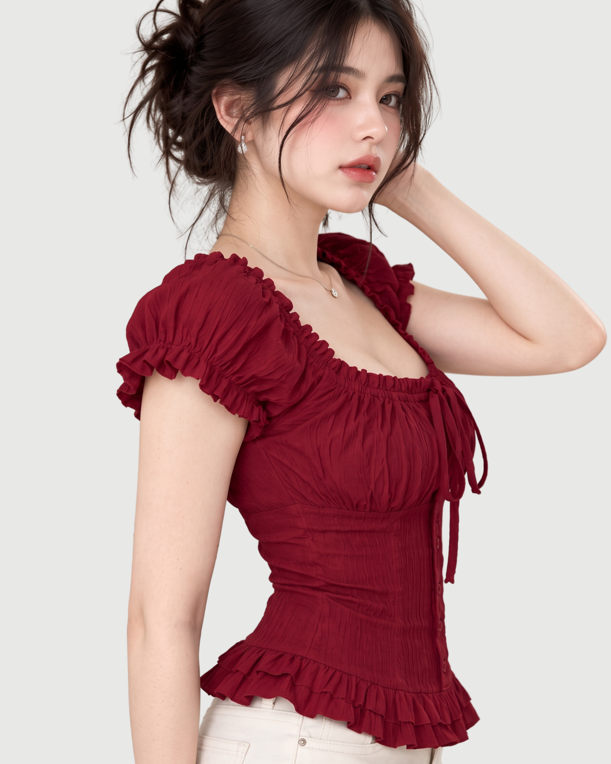 Textured Ruffle Milkmaid Peplum Blouse in Wine Red