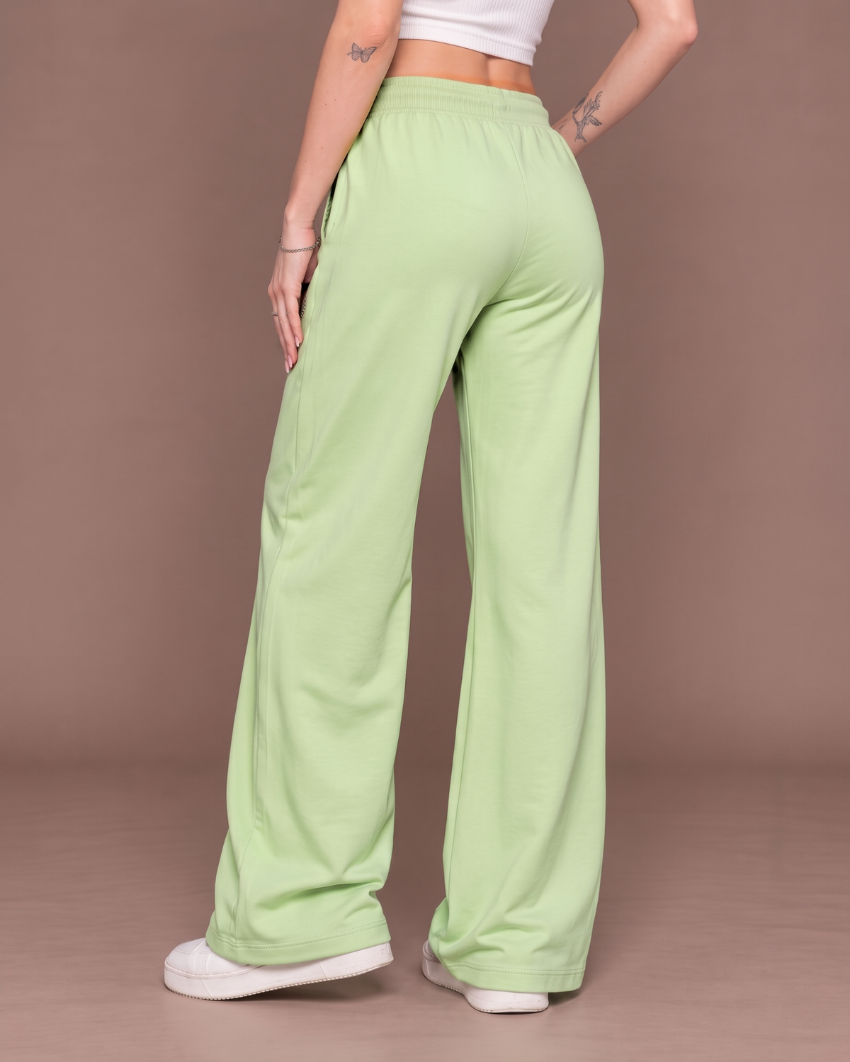 High-Waisted Wide-Leg Drawstring Trousers in Pistachio Green