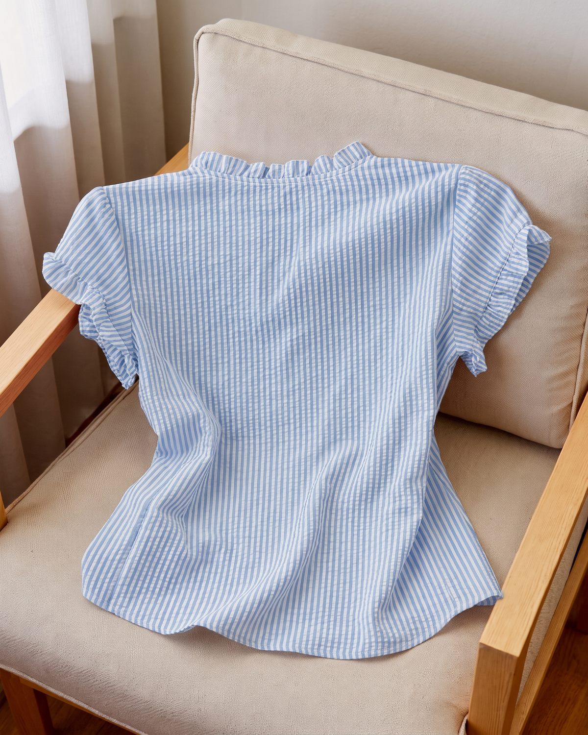 Striped Ruffle-Collar Flutter Sleeve Seersucker Blouse in Light Blue