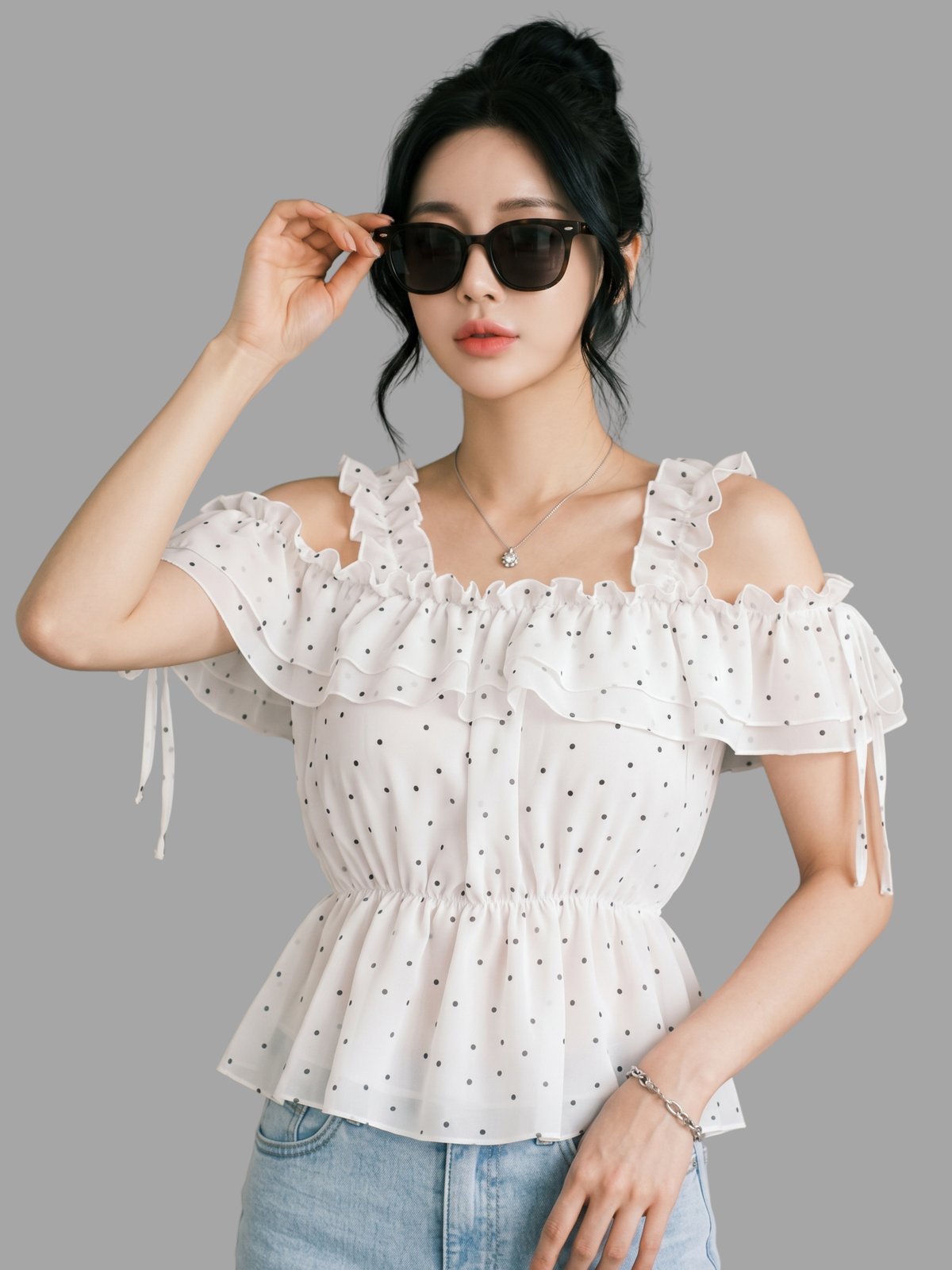 Polka Dot Ruffle Cold-Shoulder Peplum Top in White