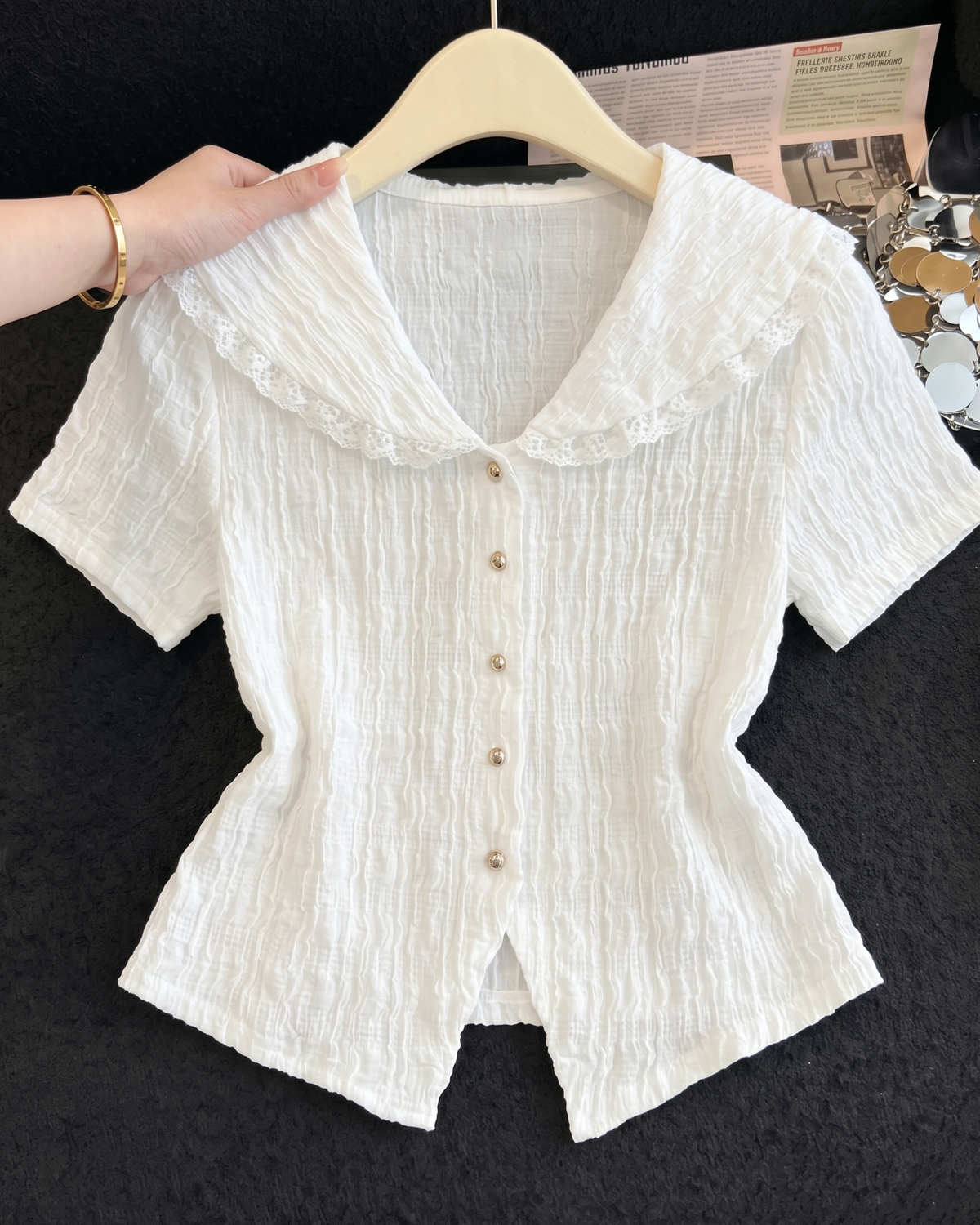 Lace-Trimmed Sailor Collar Textured Blouse in Crisp White