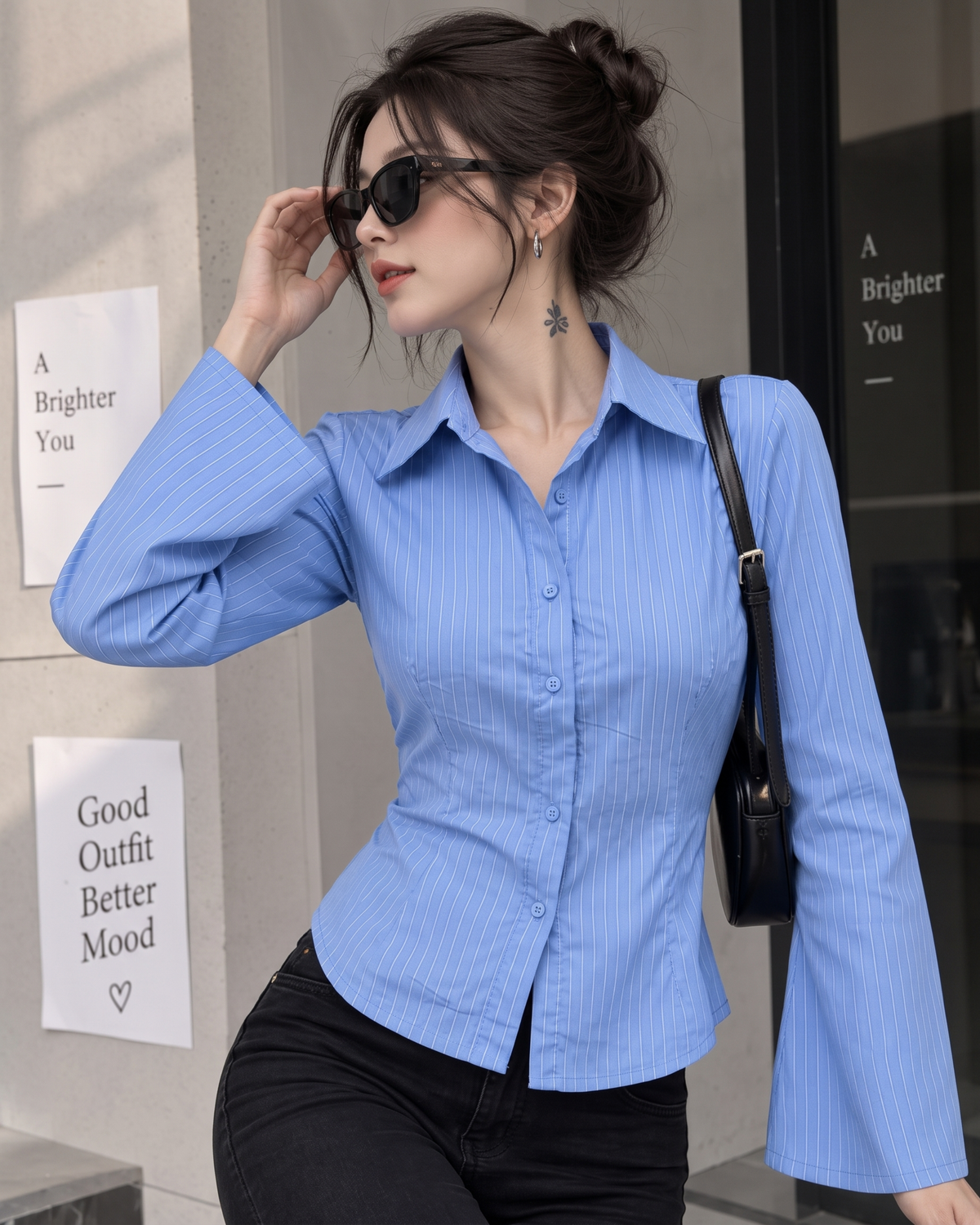 womens-blue-striped-flared-sleeve-shirt