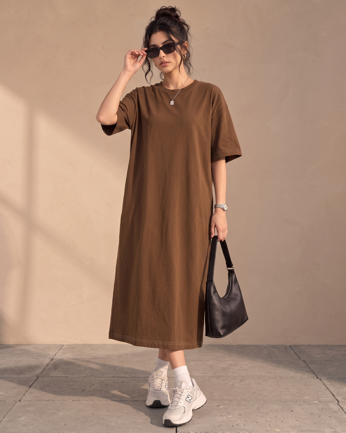 Women's Brown Oversized T-Shirt Maxi Dress with Pockets
