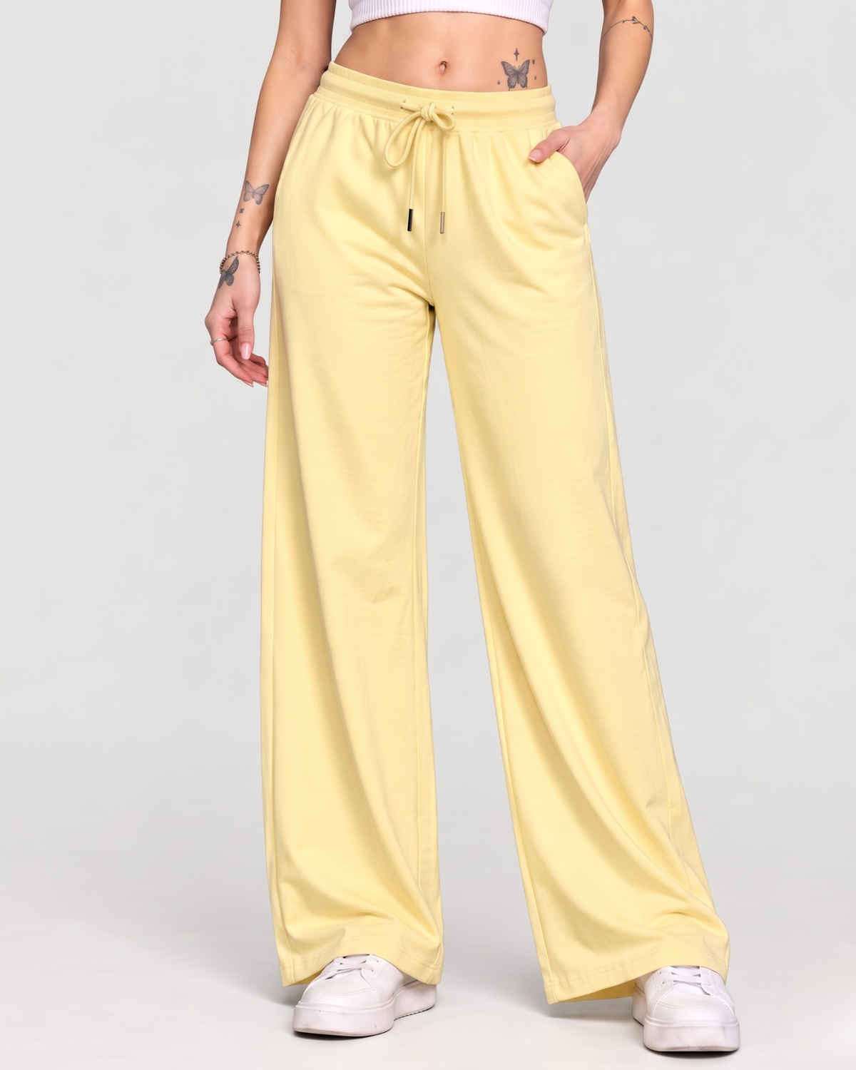 High-Waisted Wide-Leg Drawstring Trousers in Butter Yellow