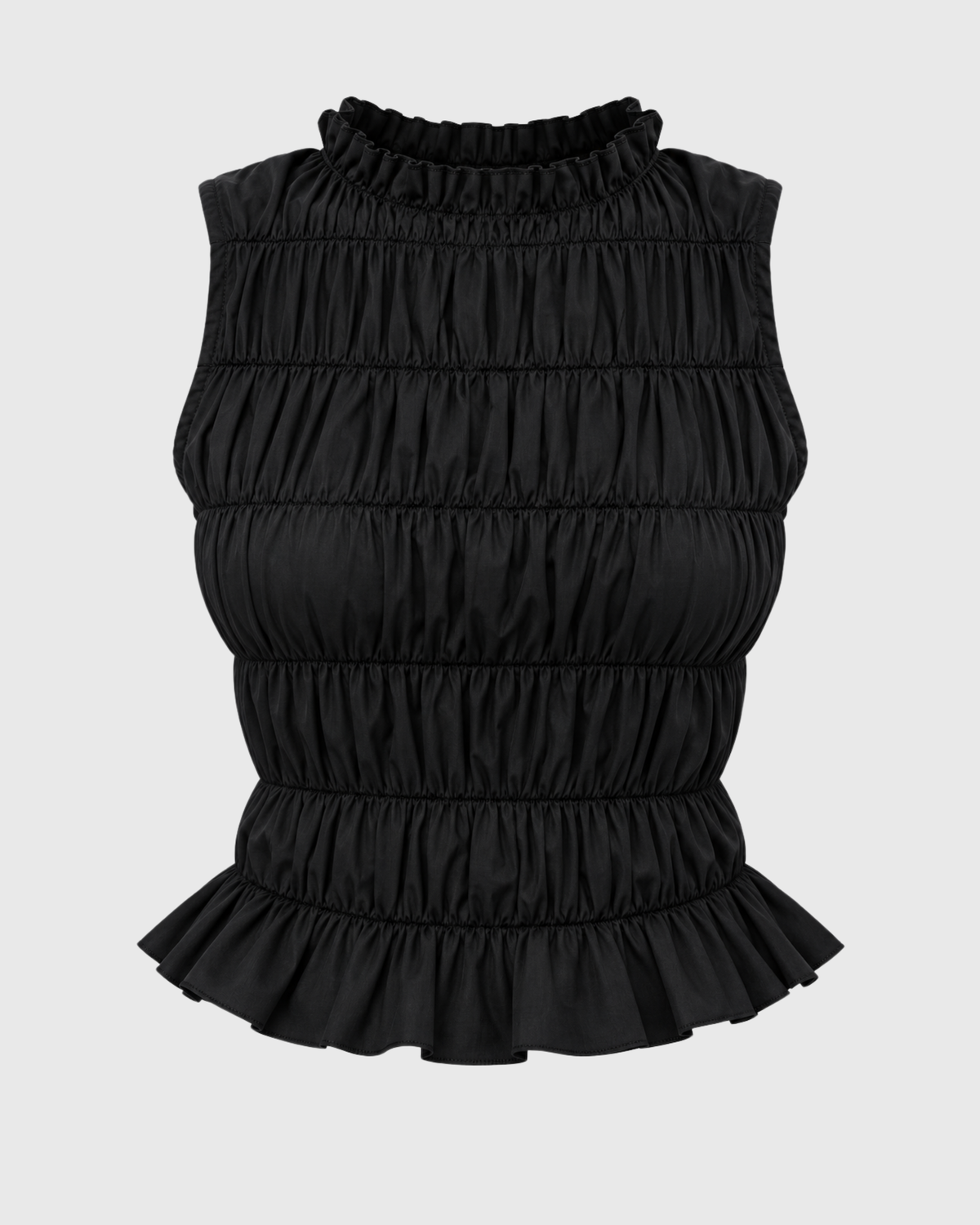 Black Ruffle High-Neck Sleeveless Smocked Peplum Top