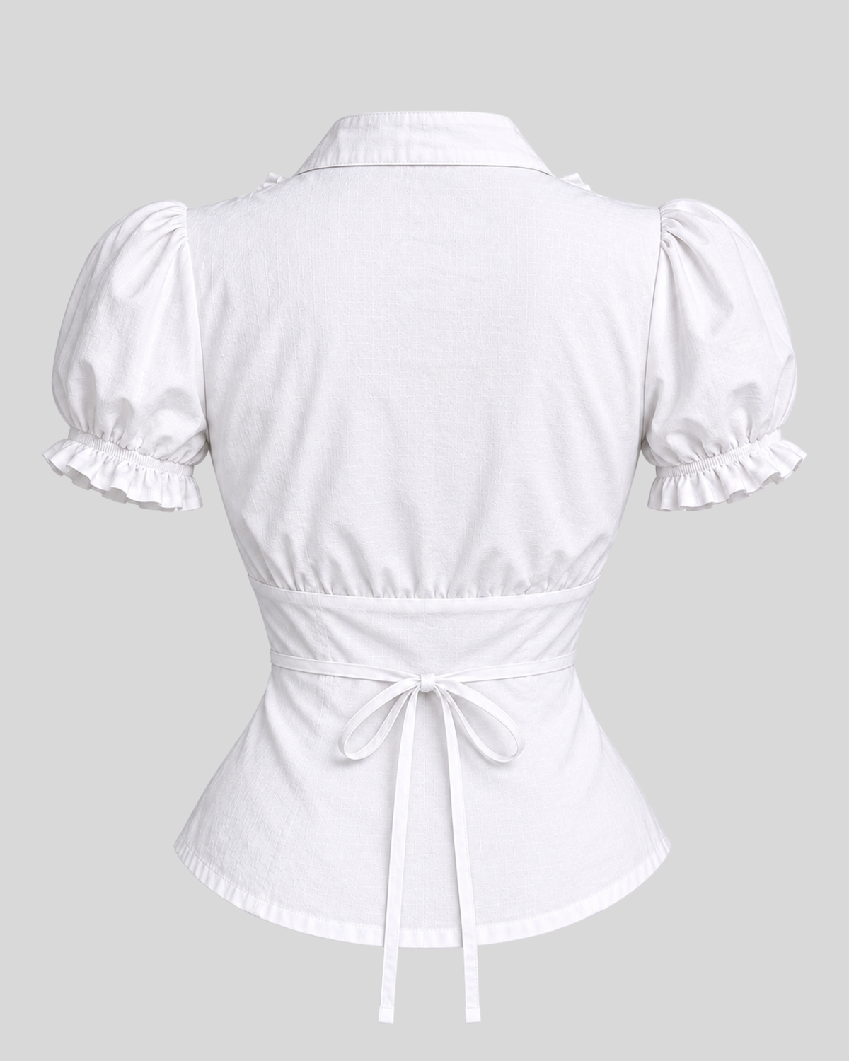 Women's White Ruffle Front Button Top with Tie-Back Waist