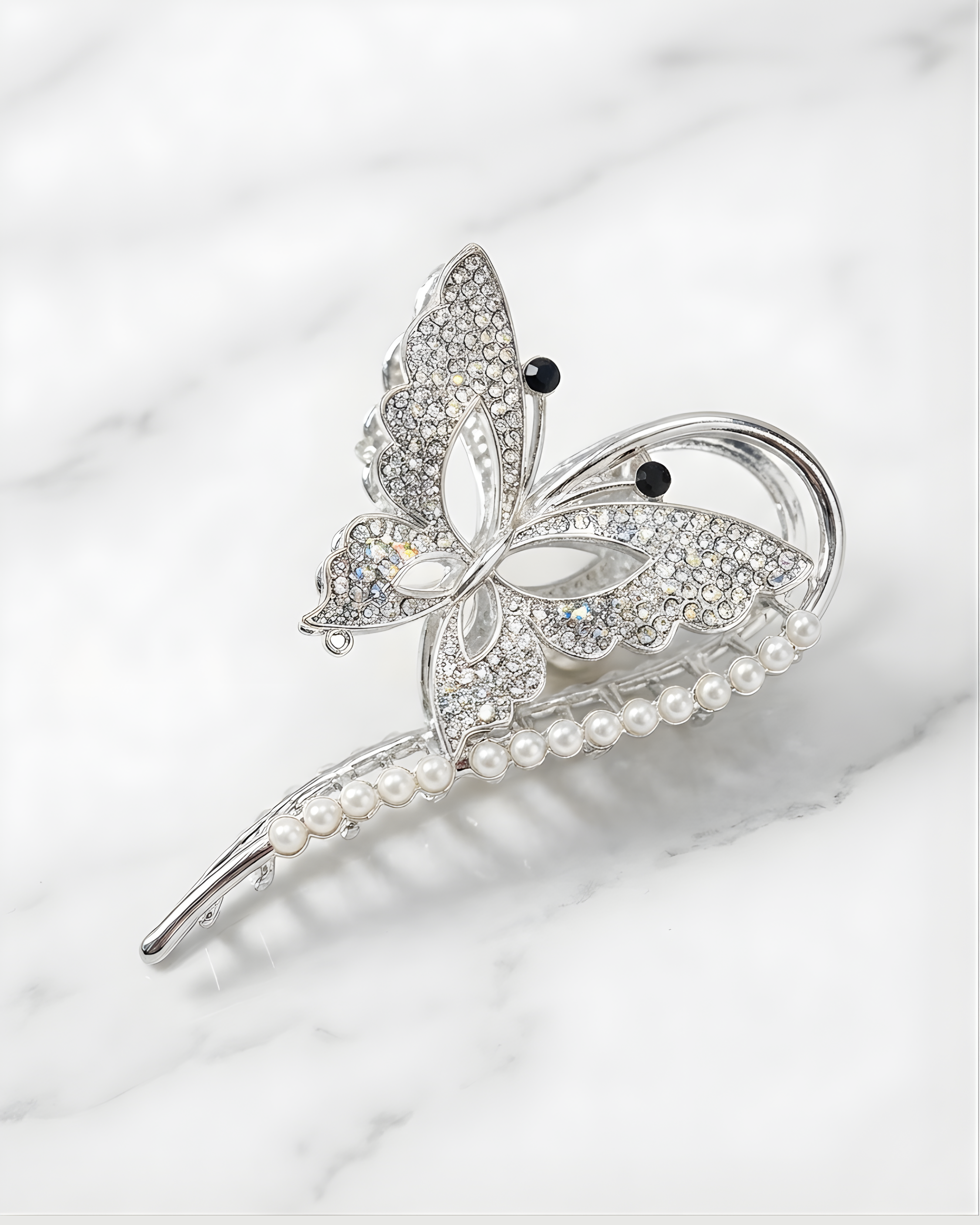 Sparkling Silver Crystal Butterfly & Pearl Hair Claw Clip