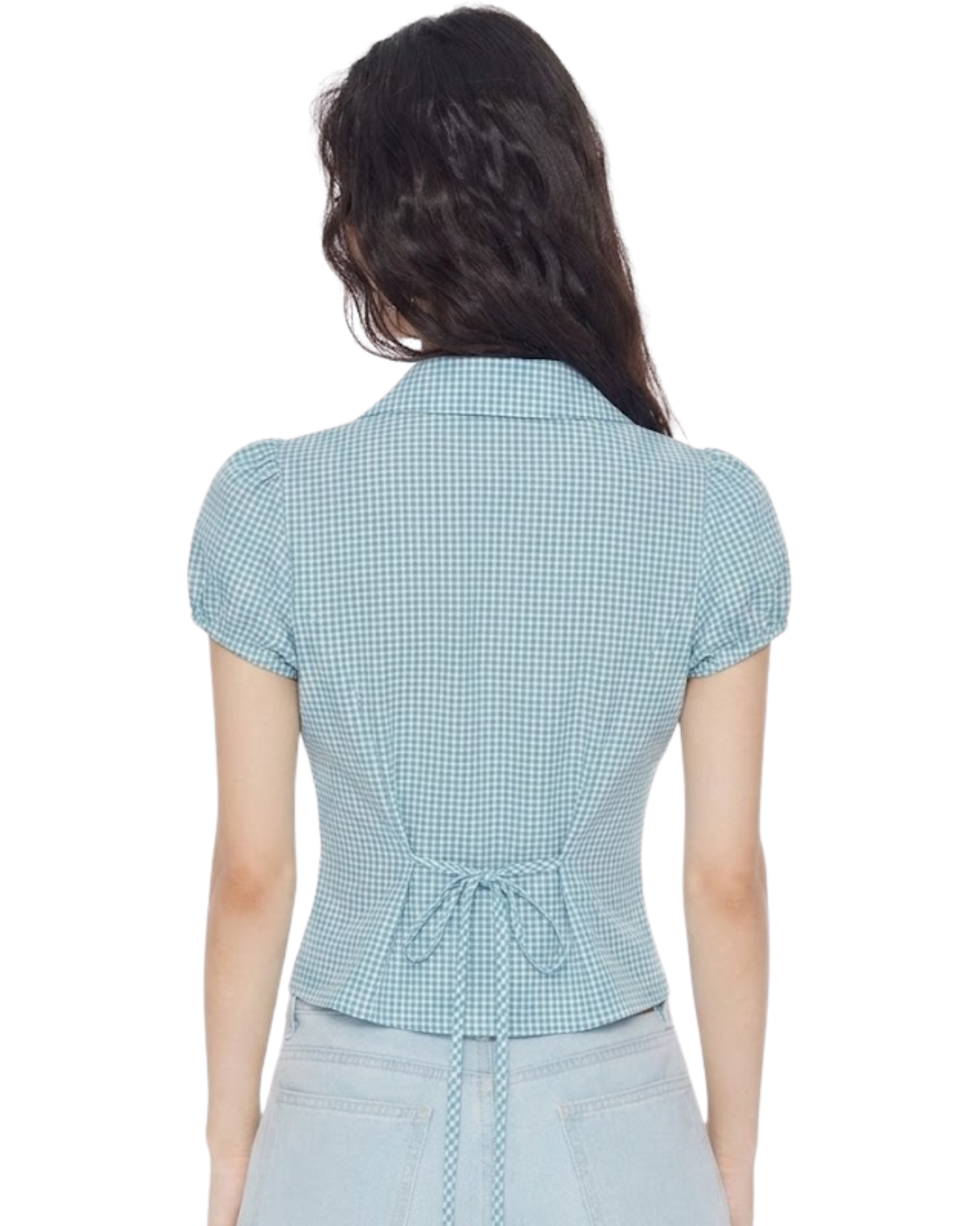 EZLIA Light Blue  Dotted Puff Sleeve Shirt Top
